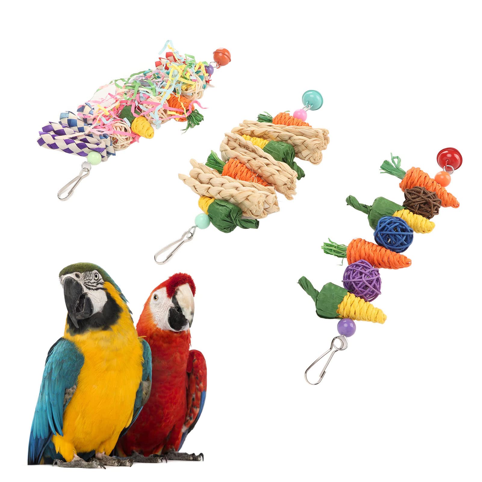 Set da 3 Giochi per Pappagalli Masticabili in Fibra Naturale Carote Intrecciate, Palline di Rattan e Giocattoli Sospesi per Budgie, Cocorite, Conuri