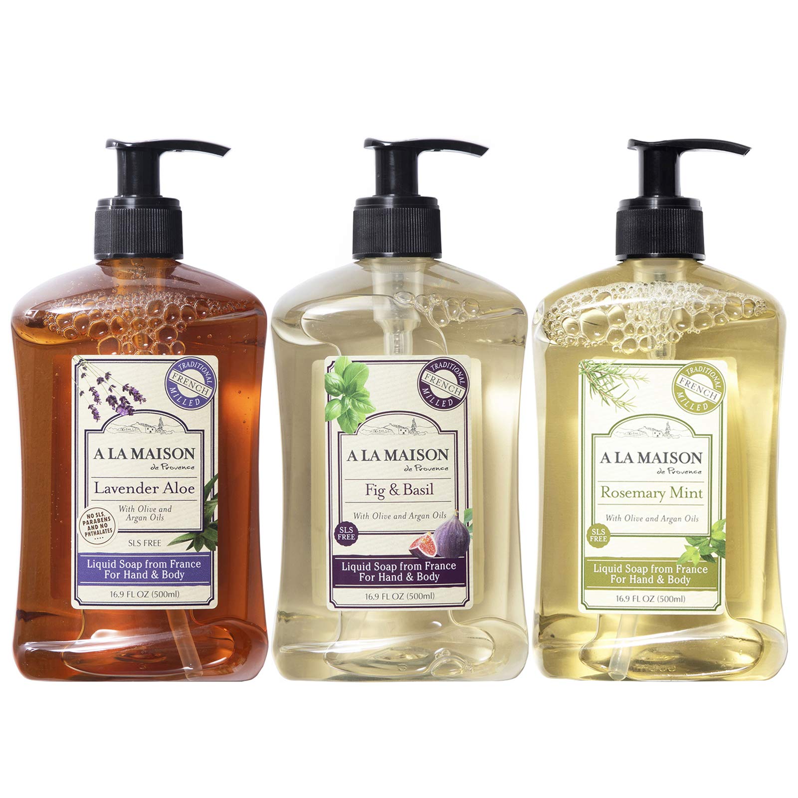 A LA MAISON Liquid Hand Soap Variety Pack - Lavender Aloe, Fig and Basil, and Rosemary Mint Triple French Milled Natural Moisturizing Soap (3 Pack, 16.9 oz Bottle)