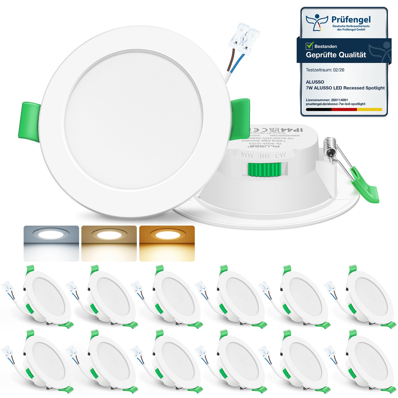 ALUSSO LIGHTING Downlight LED Techo Empotrable Regulable, 7W, Blanco Cálido 3000K/Blanco Neutro 4000K/Blanco Frío 6500K, Foco LED Empotrable 29 mm, Foco Para Baño IP44, Blanco, Juego de 12