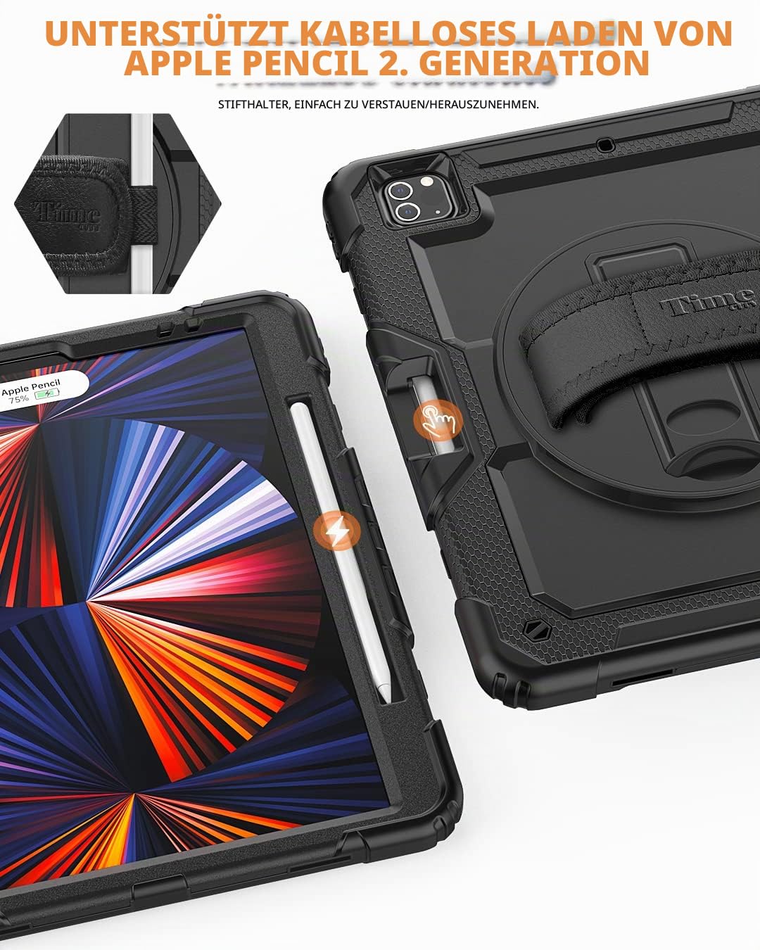 Timecity Hülle für iPad Pro 12.9 Zoll (6./5./4./3. Gen) (2022-2018) | mit Stoßfeste Displayschutz,360° Drehbarem Ständer,Handschlaufe,Schultergurt, Stifthalter,für iPad Pro 12.9 Hülle,Schwarz
