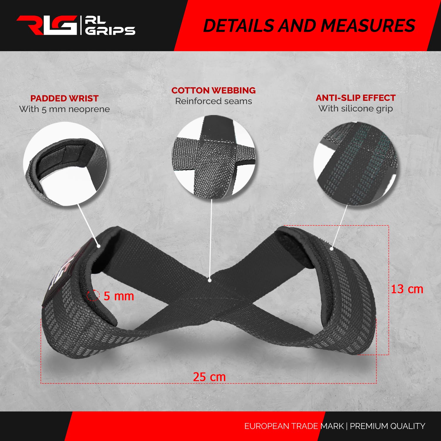 RL Grips - Straps 8 Gym do Podnoszenia Ciężarów i Profesjonalnego Powerliftingu z Wyściółką – Paski Chwytne w Kształcie Ósemki do Siłowni i Fitnessu, Idealne do Martwego Ciągu i Kulturystyki