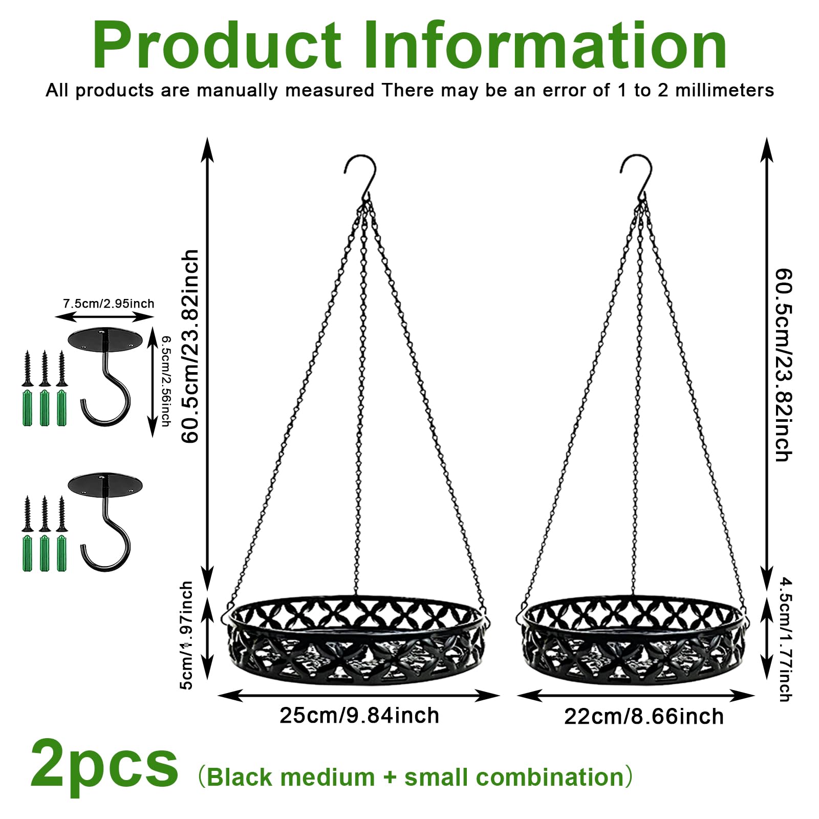 Jardinières Suspendues En Métal Noir,Panier De Fleurs À Suspendre En Métal Avec Crochet De Plafond,Chaîne De Suspension,Pots De Fleurs À Suspendre,Pot De Décoration A Suspendre Pour Plantes(22Cm,25Cm)