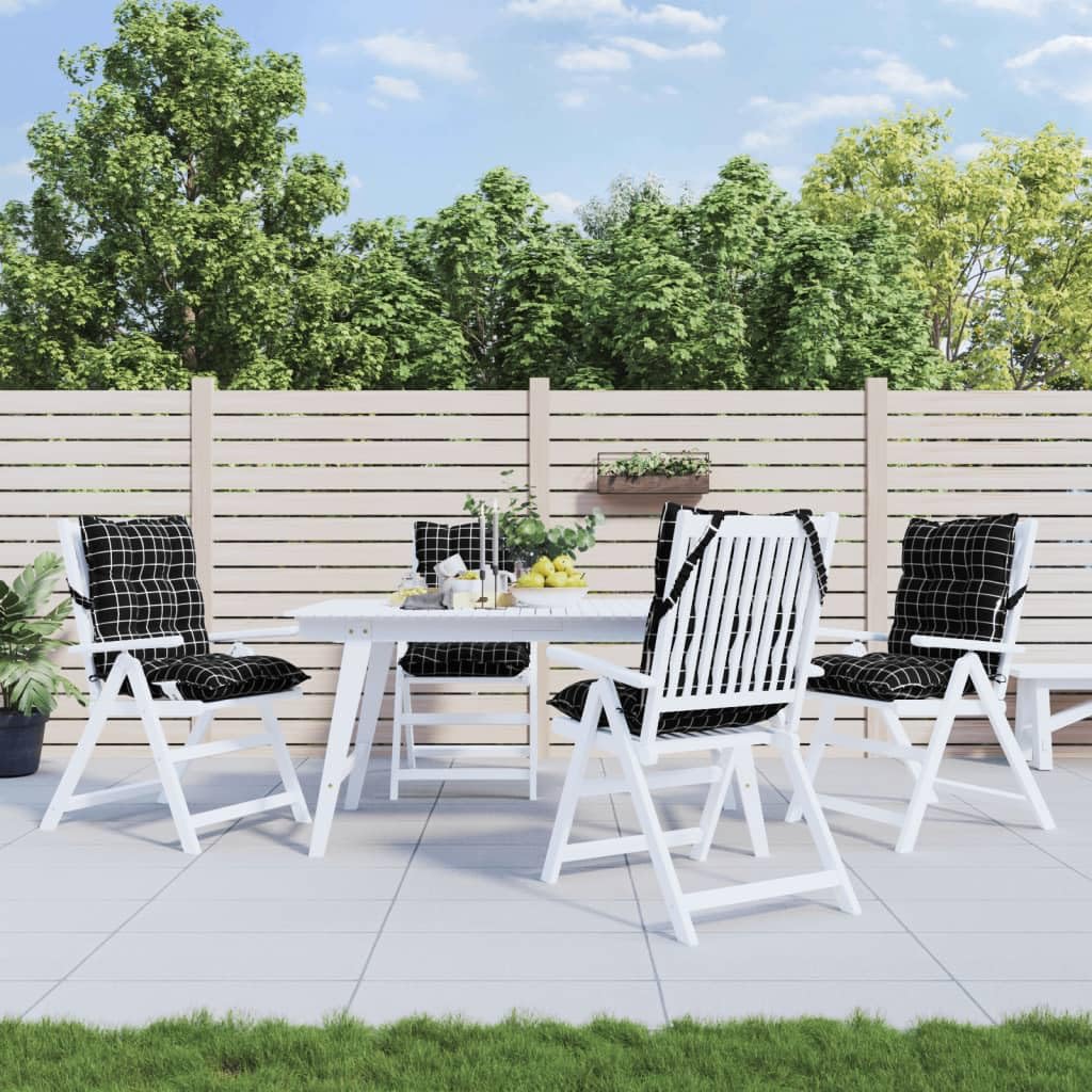 4er Set Niedriglehner-Auflagen 100x50 cm Schwarz Karomuster | Weich gepolsterte Stuhlkissen mit Haltebändern für Garten, Terrasse und Balkon. Pflegeleichtes Oxford-Gewebe mit Komfort.