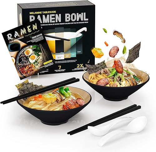 Juego de cuencos de plástico para ramen, 2 juegos de 20 onzas de doble cara a juego con palillos y cucharas para cereales de ensalada, vajilla