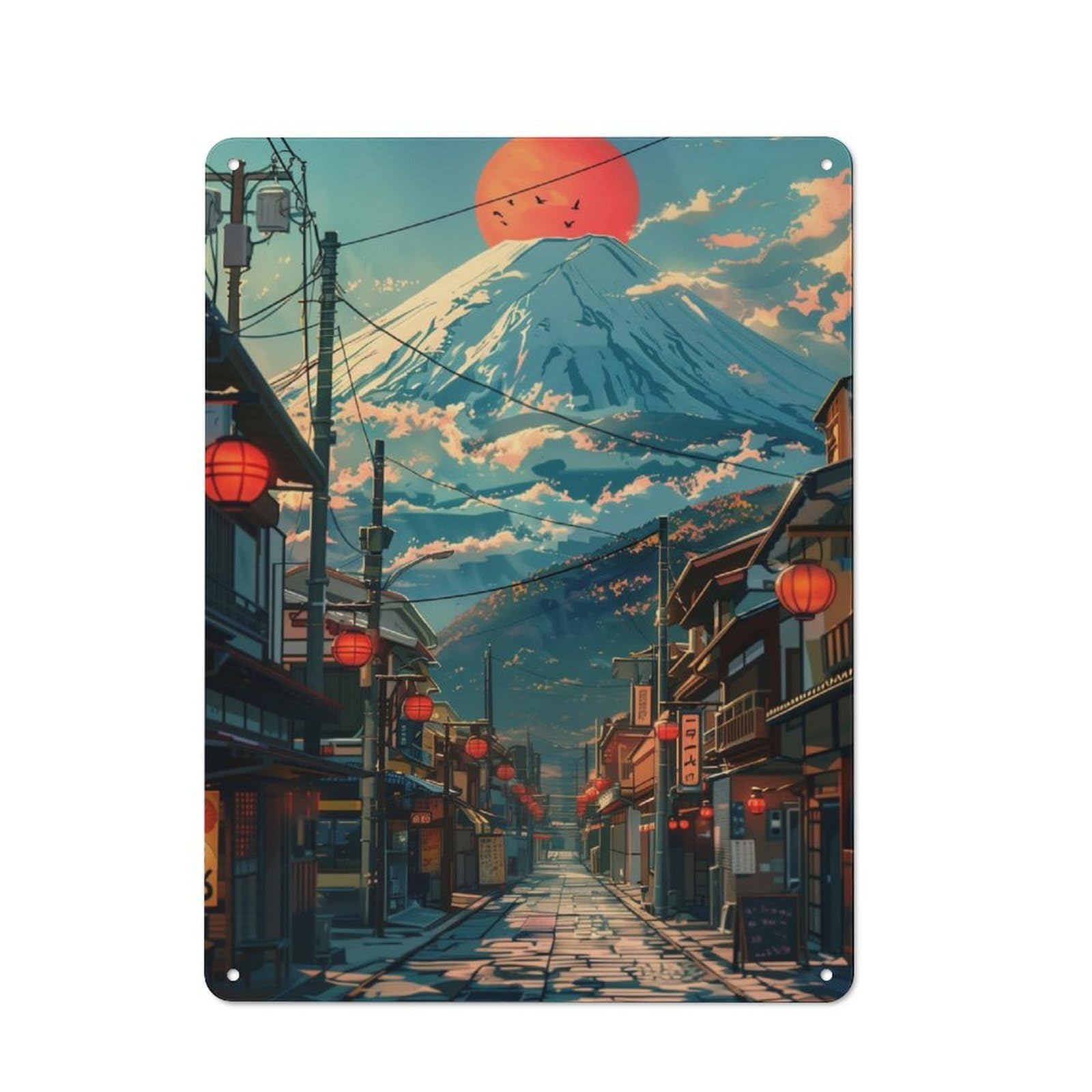 Junmoney Retro Mount Fuji City Cottage Metal Wall Decor 40X30cm, Shed Metal Sign For Conservatory, Home Bar Or Utility Room