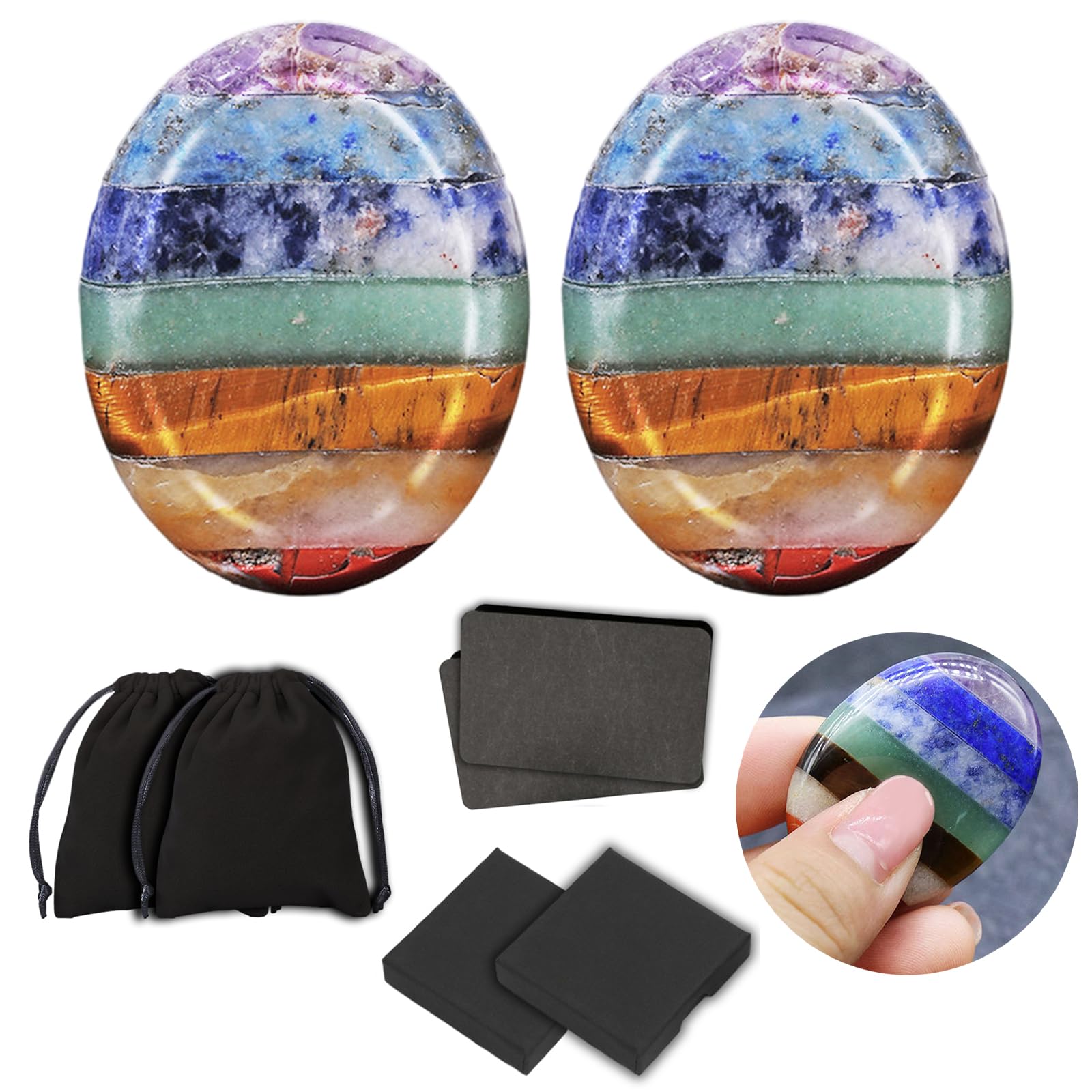 2 Pcs Thumb Worry Stone for Anxiety Set, Valentines Day Gemstones with Storage Bag, Box, Card, 7 Chakra Healing Crystal, Oval Pocket Palm Stone, Crystal Thumb Worry Stone for Lover(Rainbow)