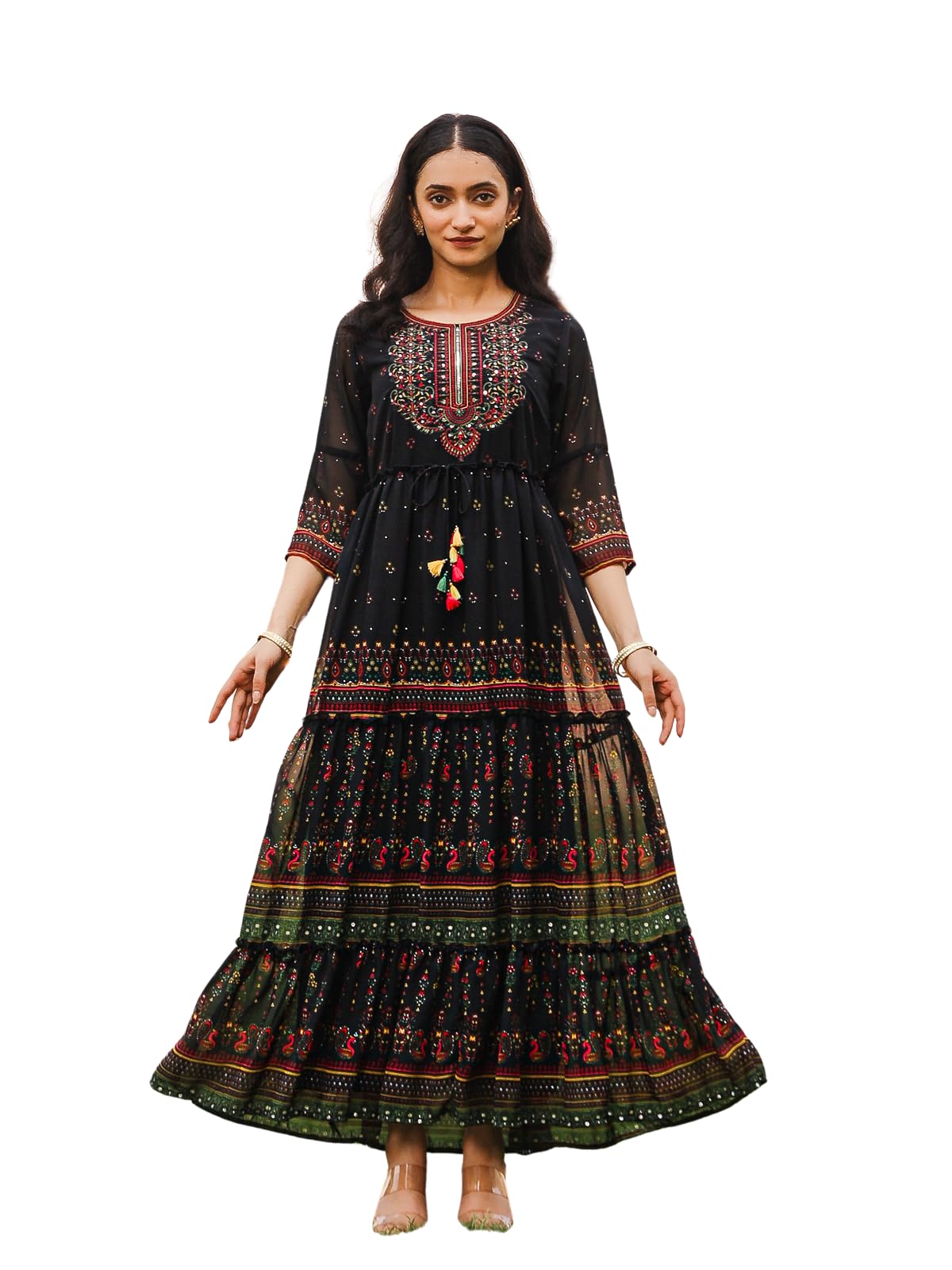 JuniperBlack Ethnic Motif Printed Georgette Maxi Dress with Sequins & Doris at Waist
