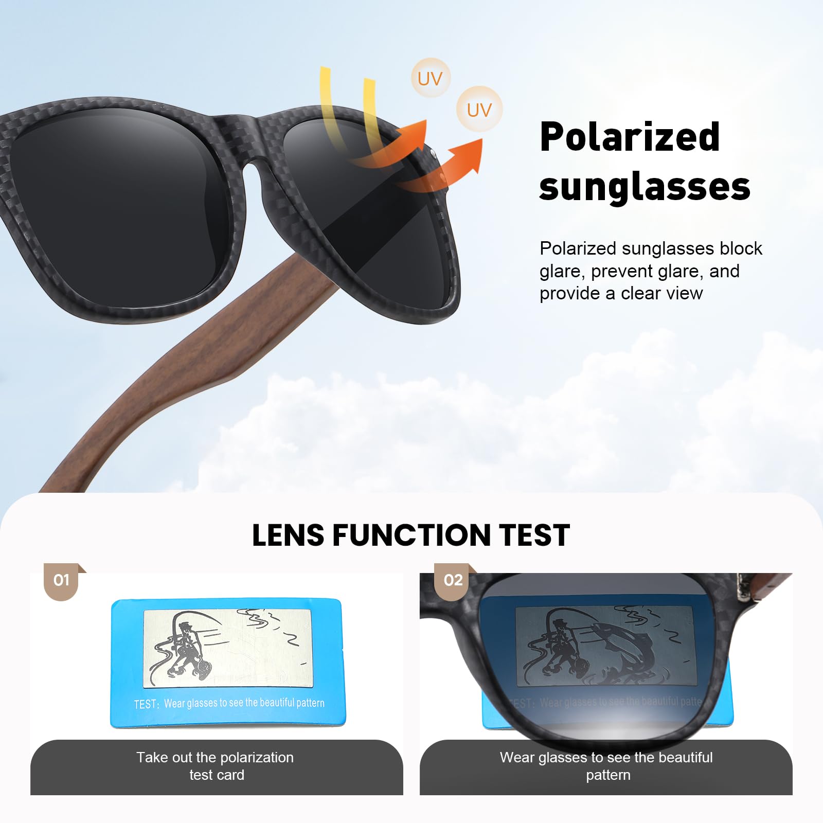 Schwarze Walnussholz, polarisierte Holz-Sonnenbrille für Damen und Herren, UV400-Schutz, Rahmen mit Kohlefaser-Muster