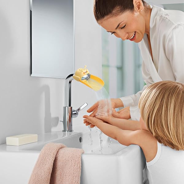 Estensione per beccuccio 'acqua, copertura per rubinetto a forma di animale, estensore colorato con robusto scudo paraspruzzi, strumento di addestramento per l'igiene dei bambini, ideale per bagno - 4