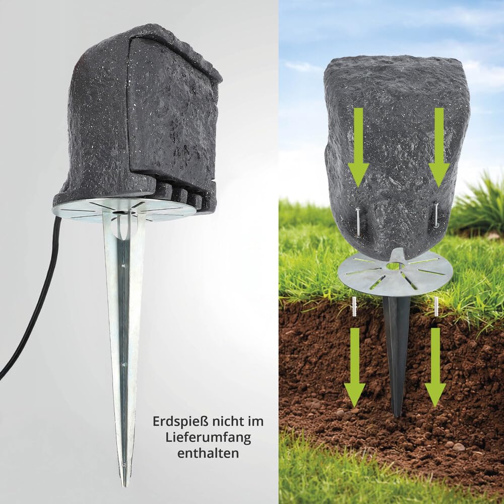 LED Universum - Gartensteckdose Steinoptik grau 3m Zuleitung 3680W max. Gesamtleistung aus witterungsfestem Kundstoff IP44 - Energiestation Energeistein Außensteckdose 20 x 20 x 20cm