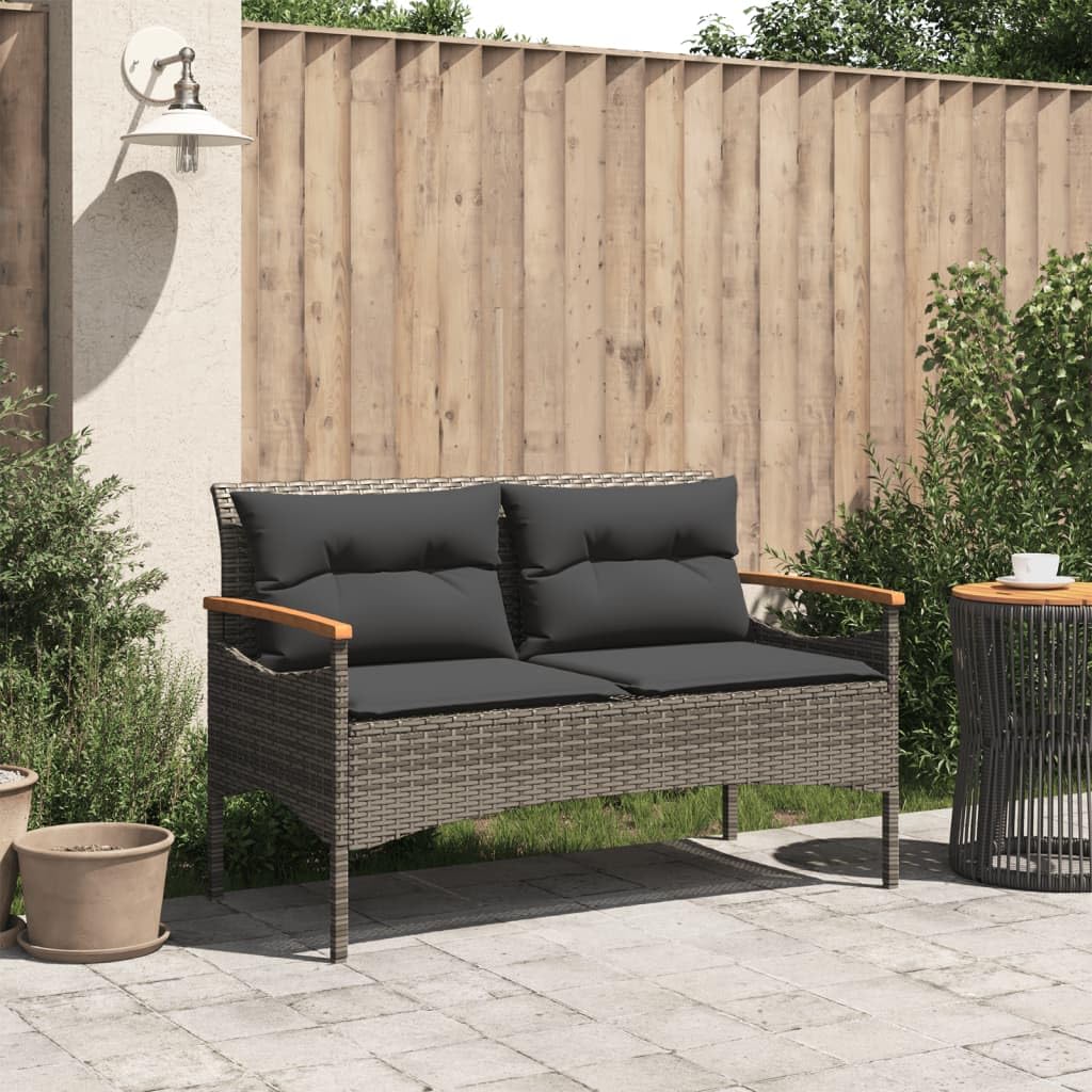 Ławka ogrodowa z poduszką z polirattanu, malowana proszkowo rama stalowa, 116 x 62,5 x 74 cm, ławka do siedzenia outdoorowa w kolorze szarym, ławka na balkon, taras i meble ogrodowe ławka do