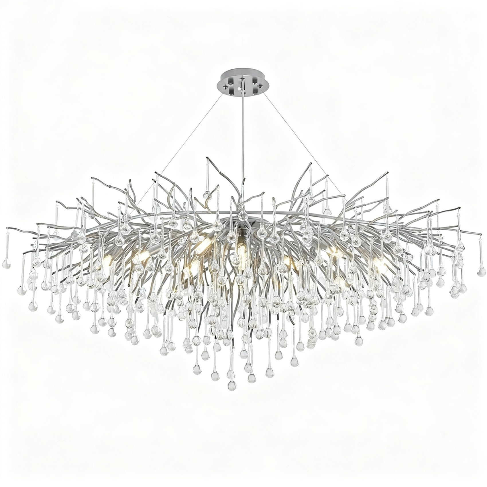 KXEcoLife Modern Crystal Rectangular Chandelier, Tree Branch Raindrop Chandelier Light Fixtures Large Kitchen Island Hanging Fixture for Living Room, Dining Foyer,Silver L120cm