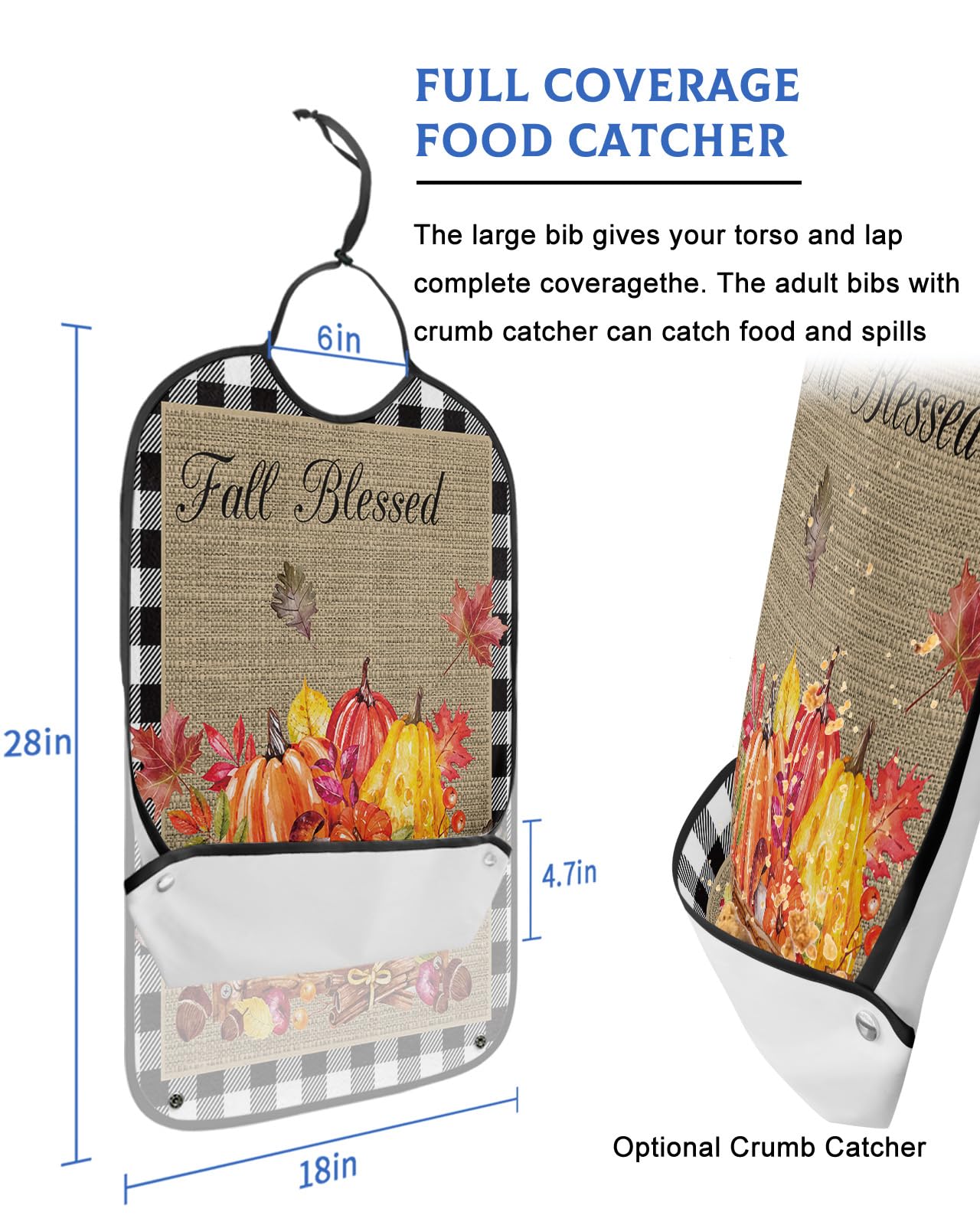 Thanksgiving Pumpkin Adult Bibs for Eating, Waterproof Bibs with Food Catcher & Adjustable Snap Closure, Black White Plaid Fallen Leaves Washable Clothing Protectors Adult Bibs for Elderly Women/Men