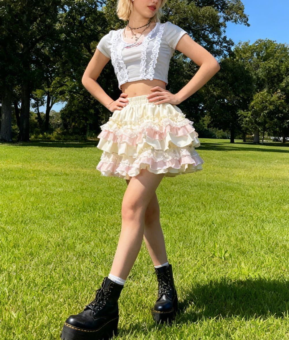 Y2K Kawaii Ruffle Mini Skirt Women Layered Lace Tiered Flowy Aesthetic