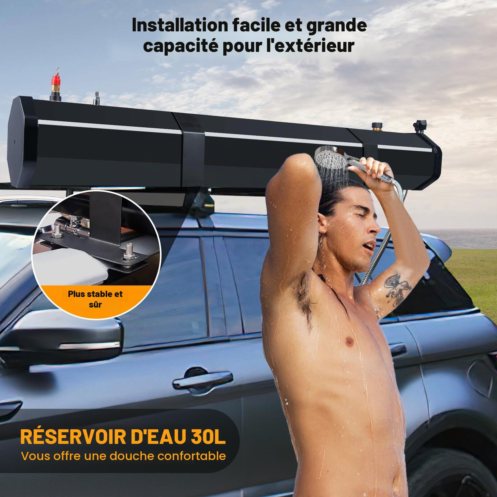 Douche Solaire 30L Premium pour SUV, Douche Camping avec Chauffage solaire, Douche Solaire Exterieure avec Pompe à Pression, Fixation porte-bagages Voiture, équipement Camping Vanlife, Road trip