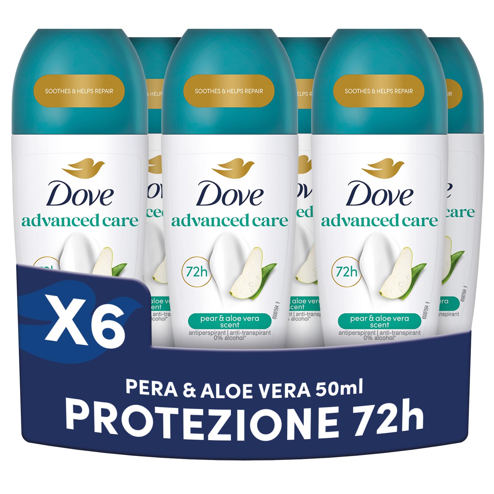 Dove, Deodorante Roll On Advanced Care Pera e Aloe, Deodorante Antitraspirante, Formula Delicata Con Tripla Azione Idratante, Protezione Fino a 72 Ore, Deodorante Uomo e Donna, 6 Pezzi da 50 ml