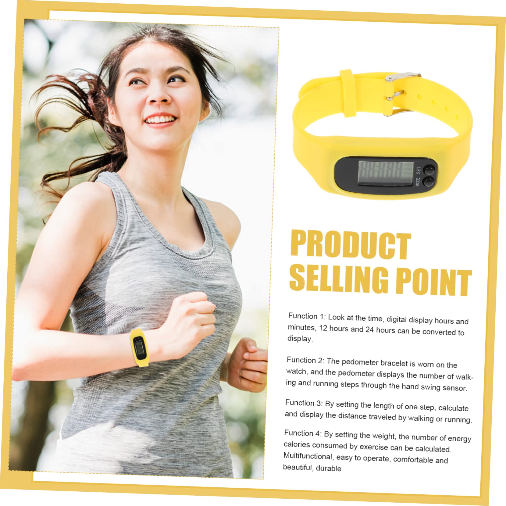 Bracelet Podomètre de Poignet en Silicone Jaune, Écran Visible