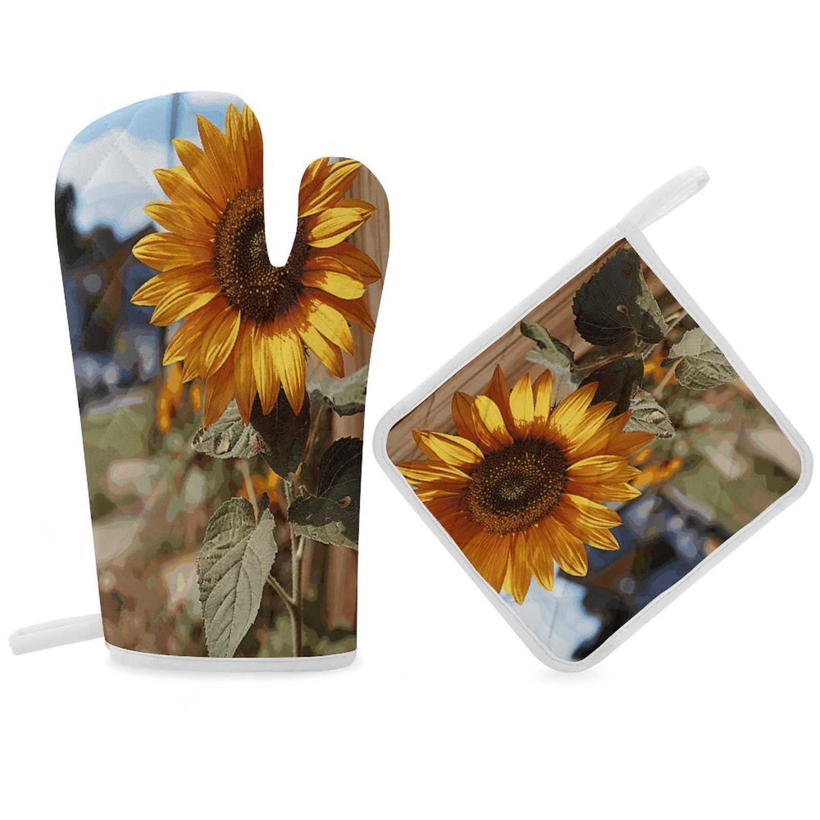 Fodpand Women's Style Farm Sunflower Oven Mitts And Pot Holders Sets,Oven Gloves For Kitchen Oven Mitts And Potholders For Baking Cooking Grilling Apartment Essentials