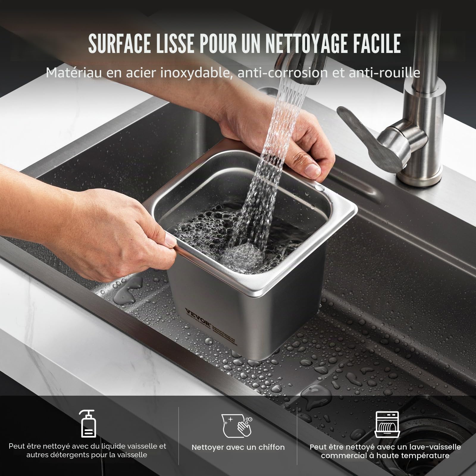 VEVOR Bac Gastronorme GN 1/6 Lot de 6, Récipient Inox pour Bain-marie 0,8 mm d'Épaisseur, Bac Inox Alimentaire 16 cm Profondeur, pour Fours à Convection, Réfrigérateurs, Stockage, Restauration