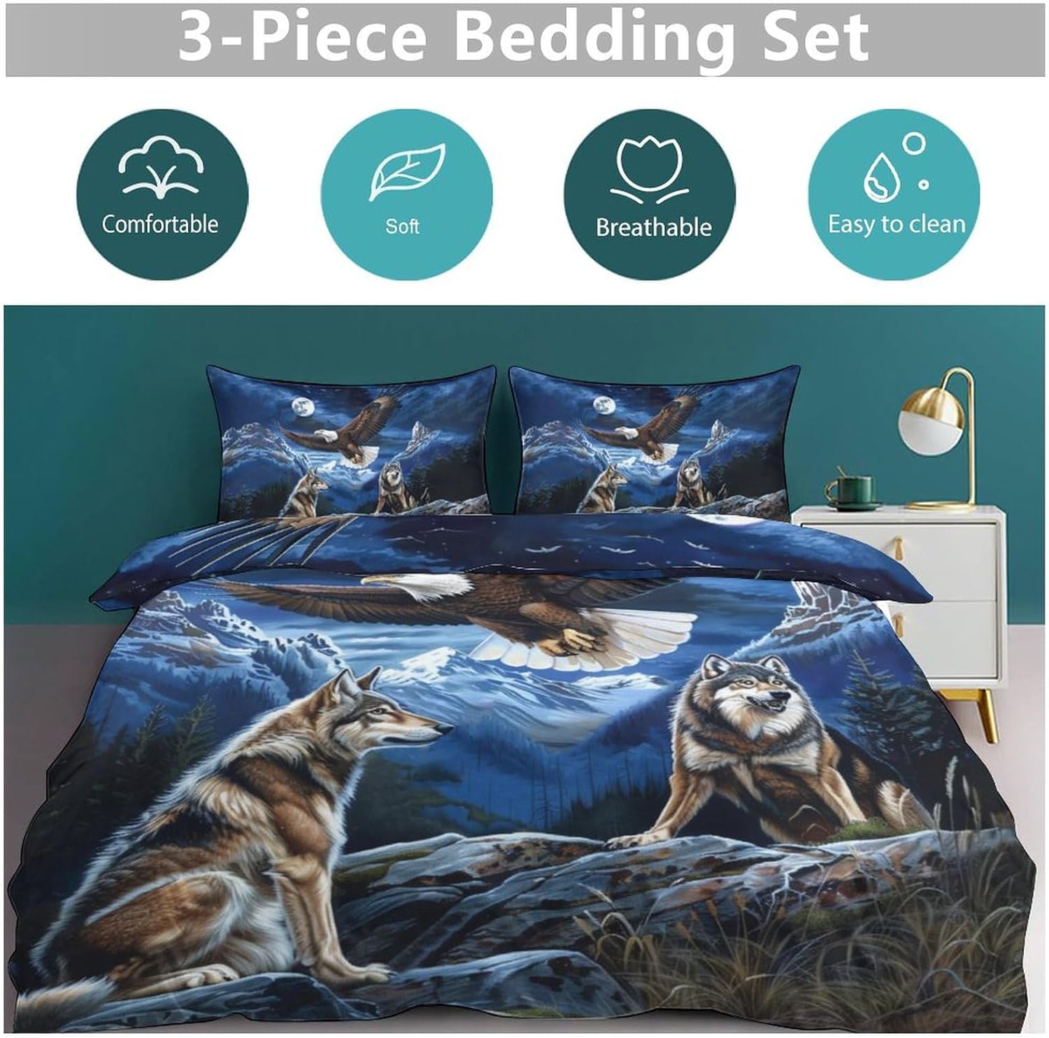 Bald Eagle Wolf 3 Pieces Duvet Cover Comforter Set with 2 Pillowcase Twin Size Bed Sheet Quilt Bedroom Bedding for Lover Kids