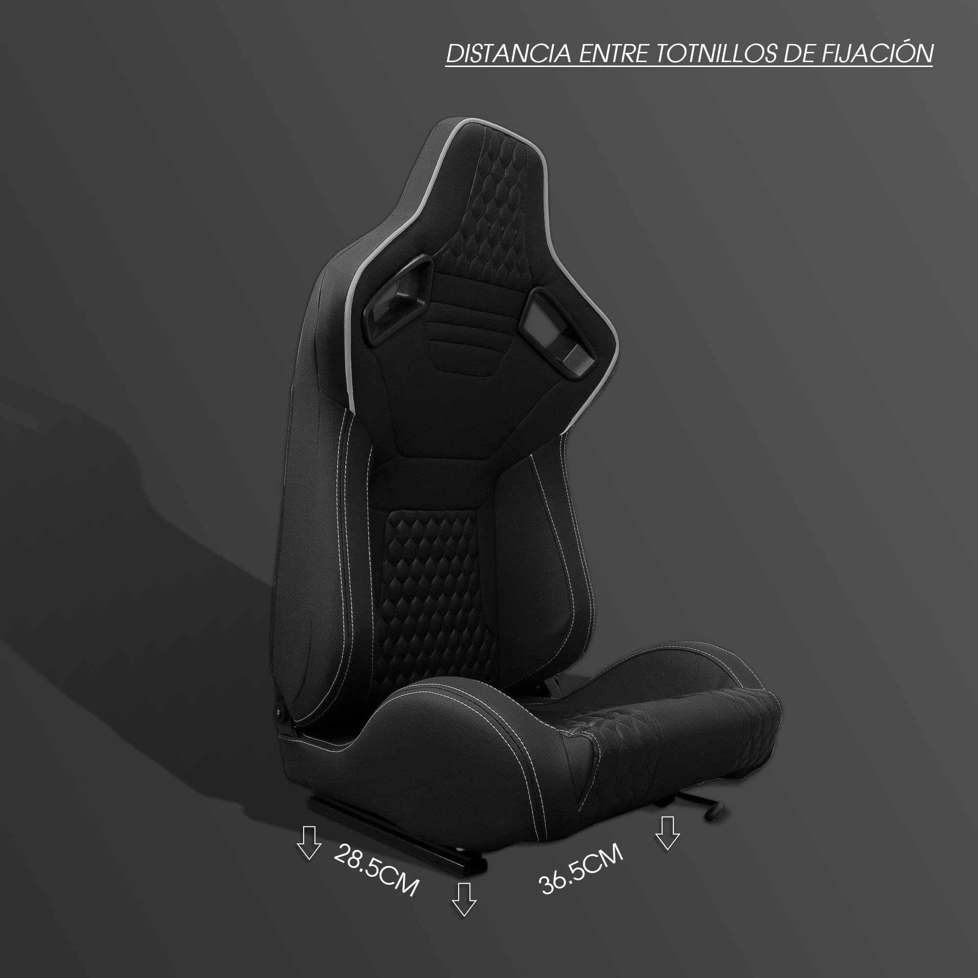 M MODAUTO Semibaquet S.E Cuero Negro/Detalles Blanco/Textura en Forma de Rombo,Semibaquet Deportivo,Adaptable para Coches,Ríeles Incluidos,para Coche y Simulador de Conducción (N745, Piloto+Copiloto)