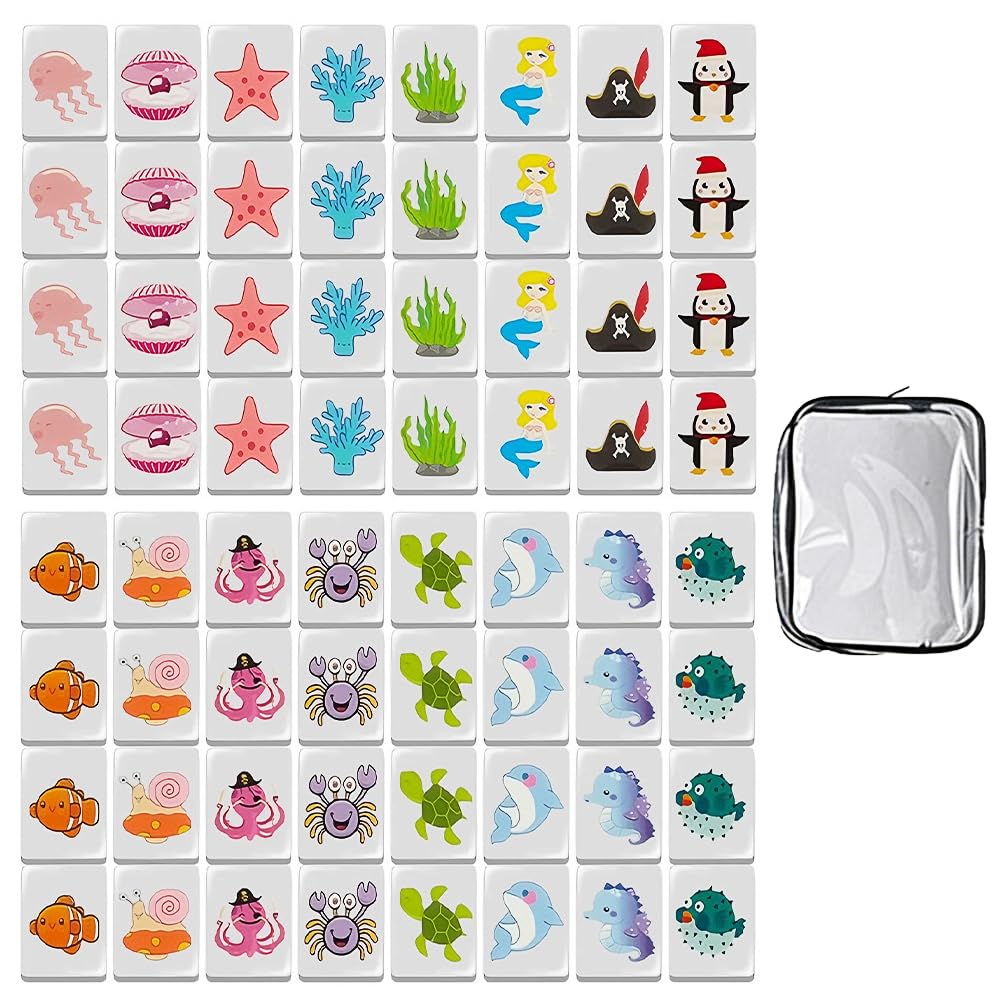 Lot de 65 blocs Seaside Escape Game, Mahjong Jeu de table, 30 mm Blocs d'évasion de jeu, Ensemble de jeux Mahjong avec autocollant, Mahjongs avec motifs d'animaux marins, MiniMahjong pour la