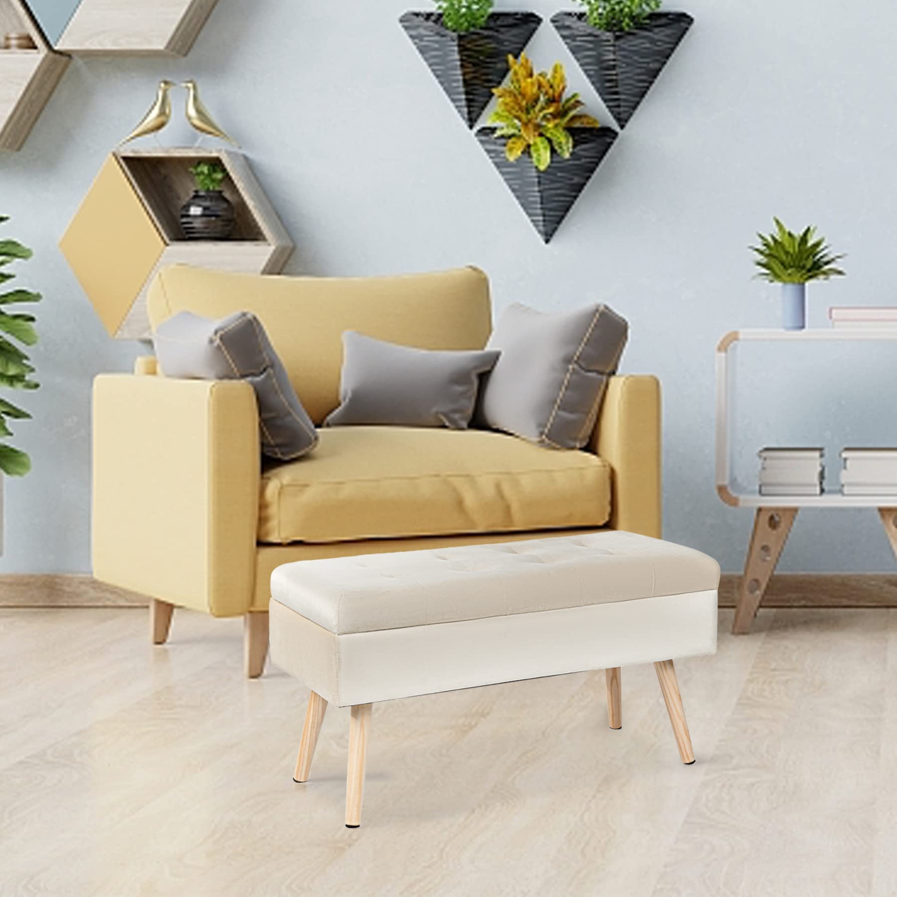 Hawthyhome Sitzbank mit Stauraum 80 × 35 × 43 cm, Sitztruhe mit Aufbewahrungsbox Truhenbank Samt Polsterbank mit Holzbeine für Flur Wohnzimmer Schlafzimmer Beige
