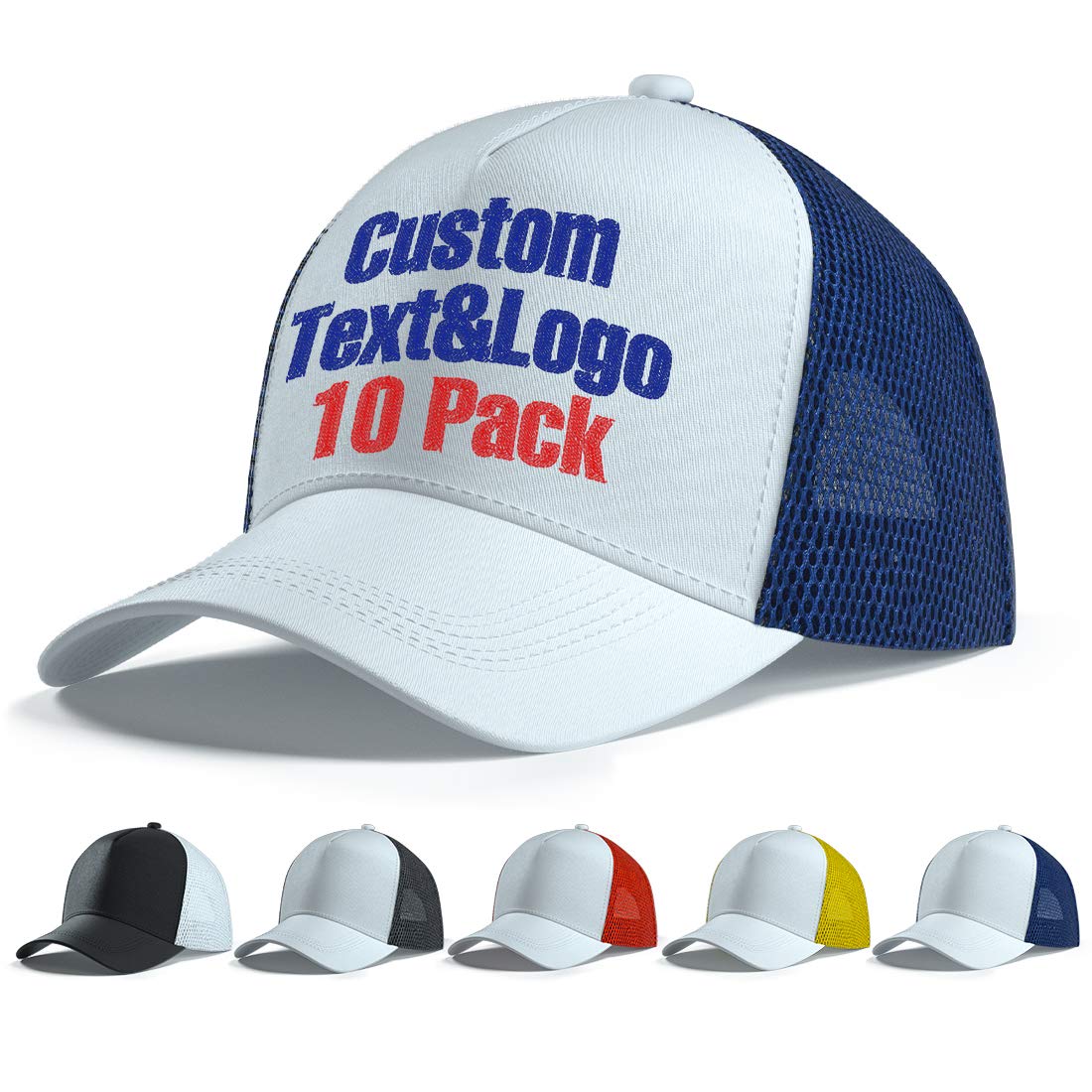 Lot de 10 casquettes de baseball personnalisées avant et arrière 100 % coton brodé en vrac, Coton + nylon, 7 1/4 / 7 3/4