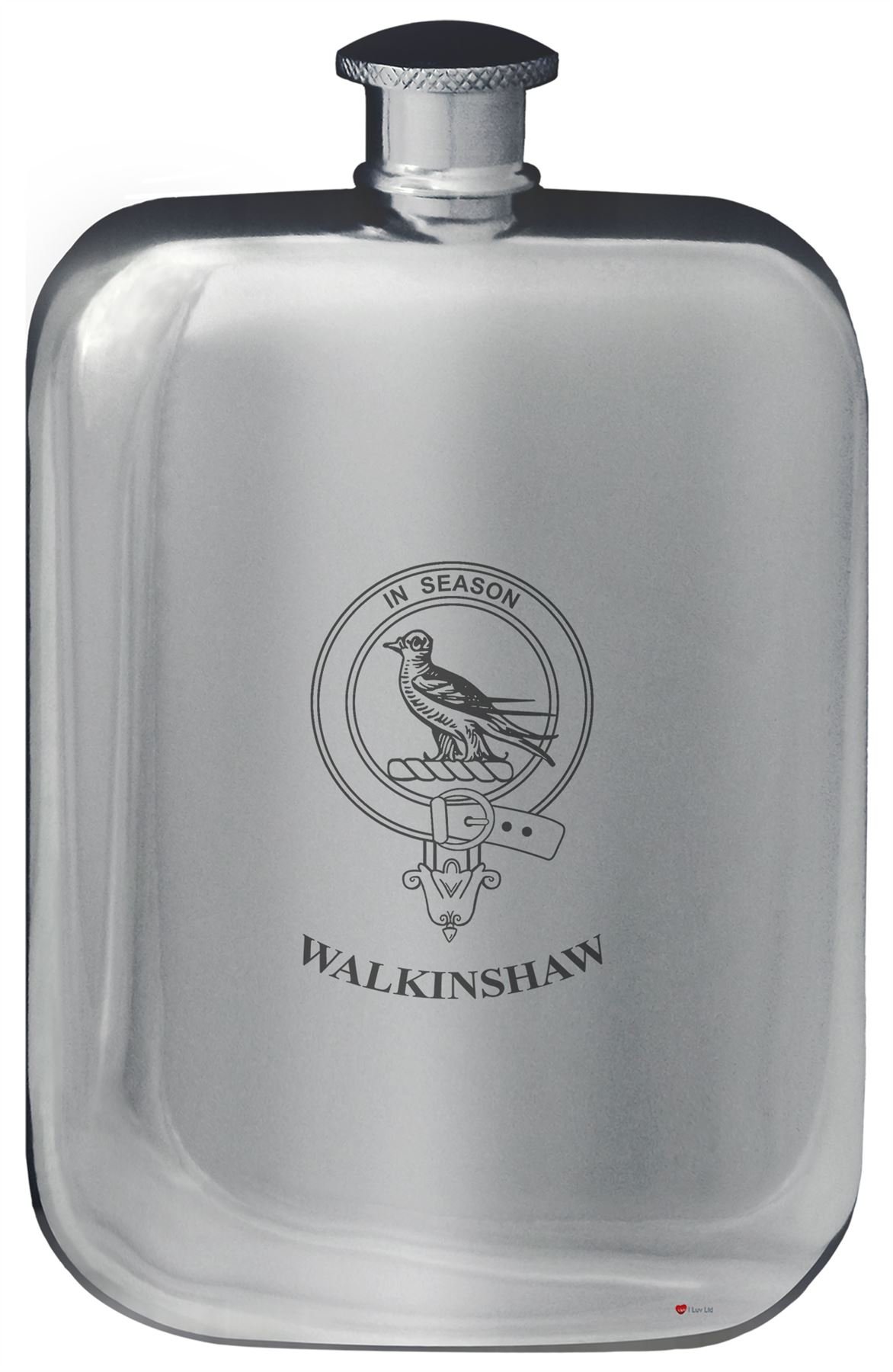 Flacon de poche en étain Walkinshaw cadeau traditionnel avec crête de la famille 6 oz