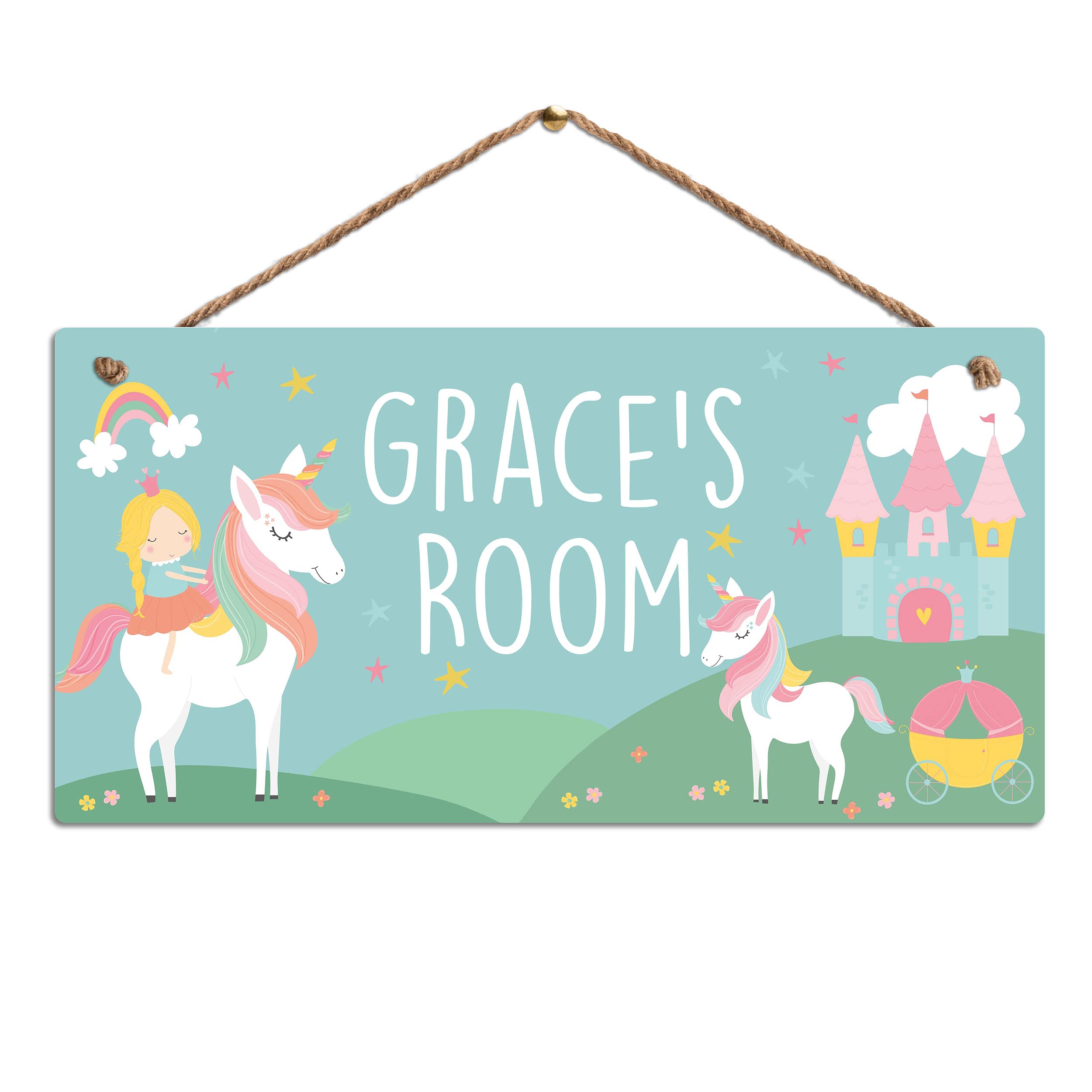 Personalised Children's Bedroom Door Sign. Custom Name Plaque. Gloss Metal. Unicorn Princess Theme Nursery Wall Art for Girls Boys Baby Room Decor — image 1