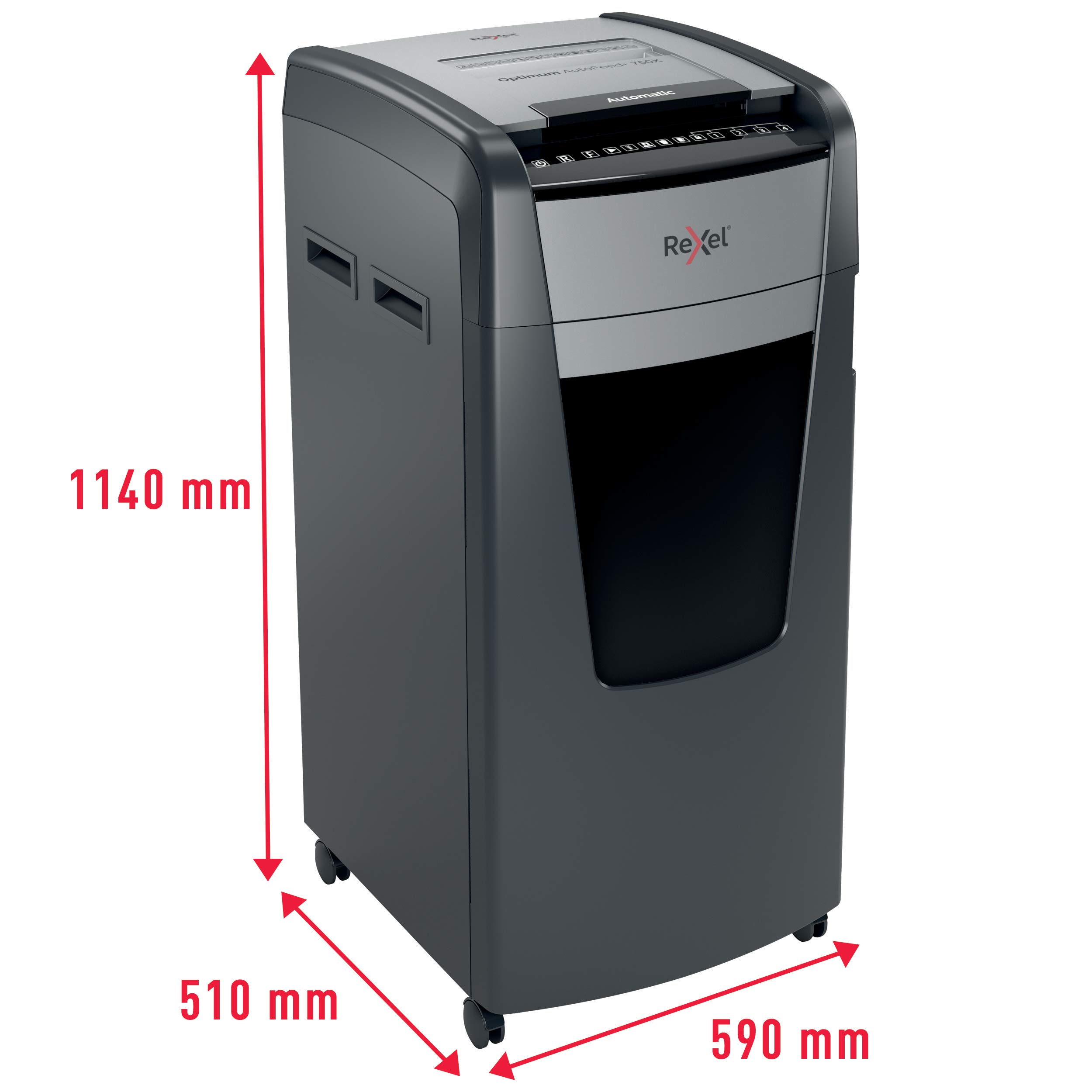 Rexel Optimum AutoFeed+ 750X Automatischer Aktenvernichter, 750 Blatt automatisch, Sicherheitsstufe P4, Partikelschnitt, für große Büros, 140 Liter Abfallbehälter, mit Lenkrollen, 2020750XEU