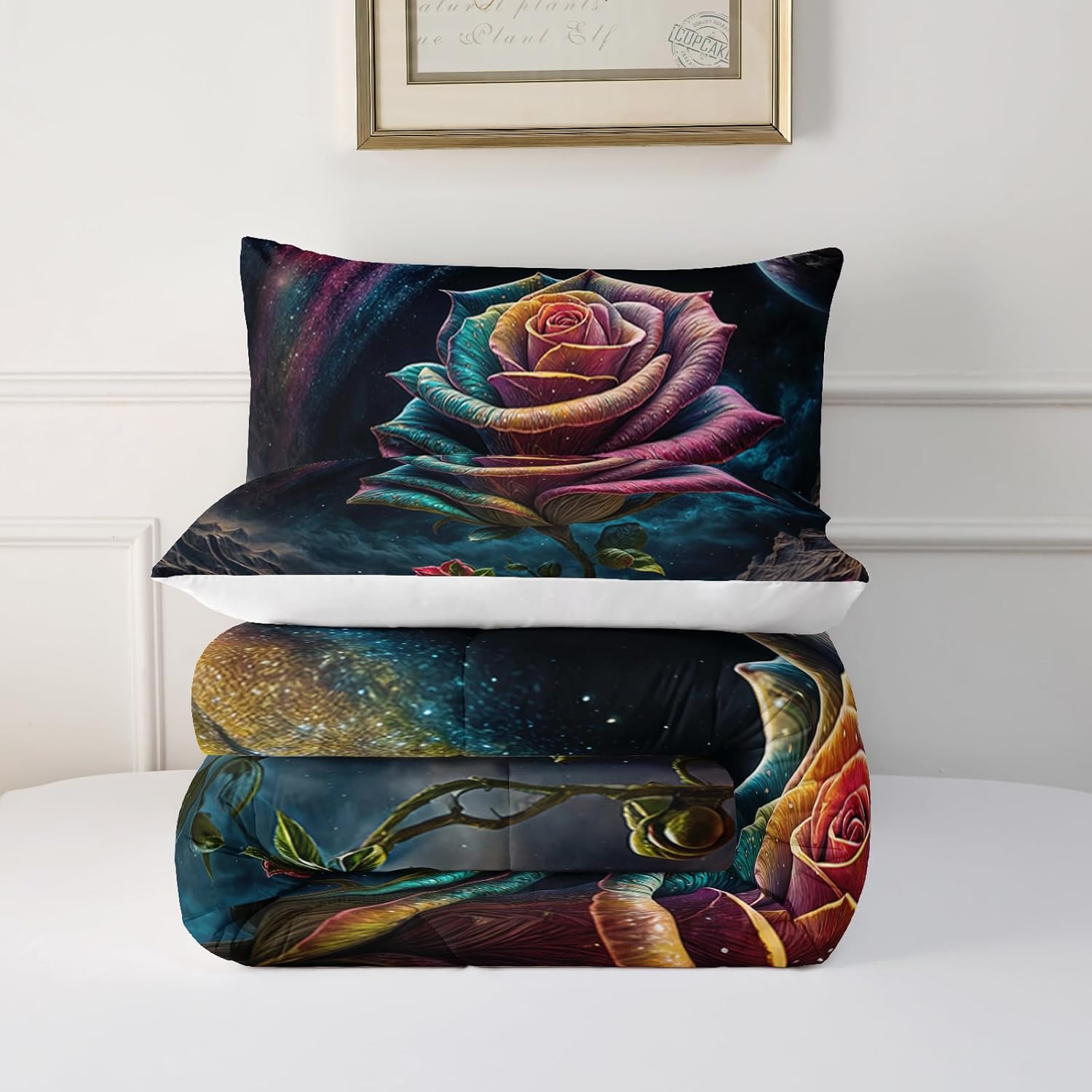 Gothic Rose Comforter Set Twin Size, Botanical Floral Family Bedding Set for Aduits Girls, Lightweight Soft Microfiber Colorful Flower Comforter with 2 Pillowcases.
