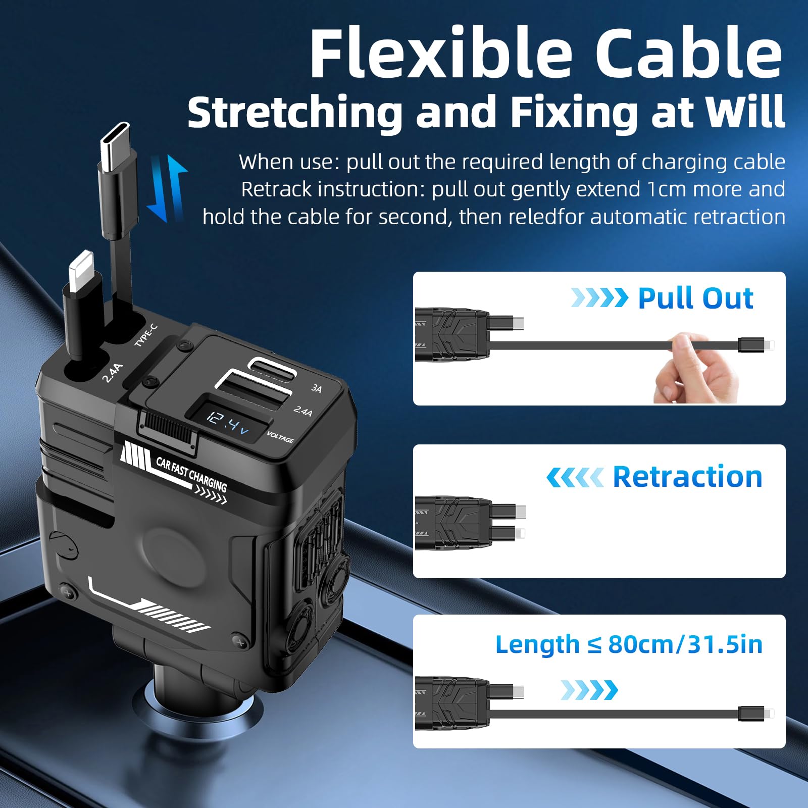 Caricabatterie Auto Retrattile 4 In 1 Da 66W - Con Cavi USB-C E USB-A