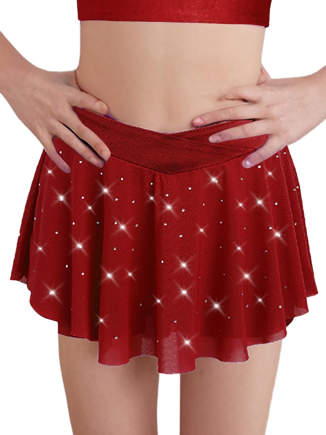 Kids Girls Ballet Dance Skirts Shiny Rhinestone Skirts Build-in Shorts Ballet Performance Costume