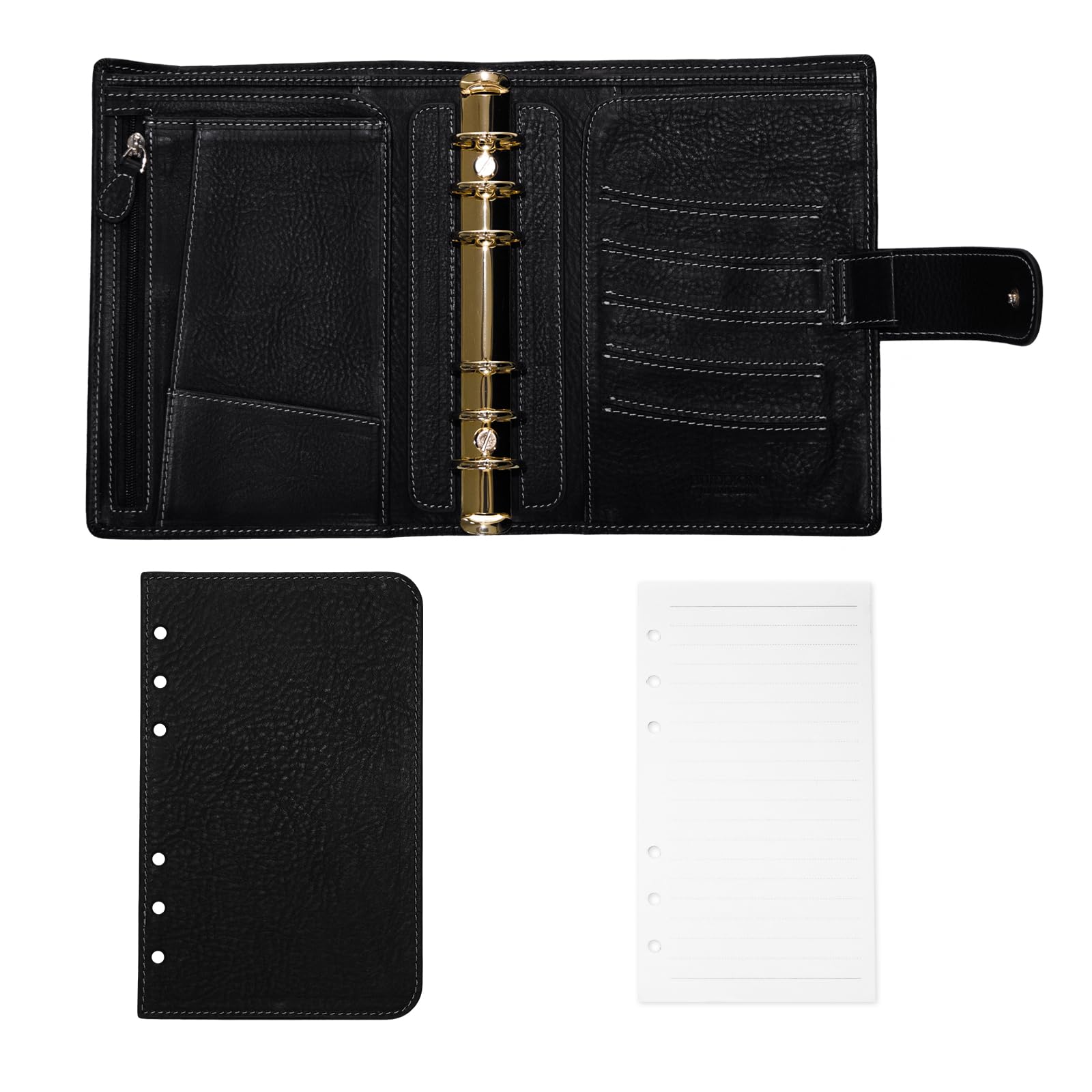 A6 osobisty organizer XL Minerva Box z prawdziwej skóry, pamiętnik, pierścienie, planer, kieszonkowy notatnik z segregatorem 25 mm, mini dziennik agendowy (czarny)