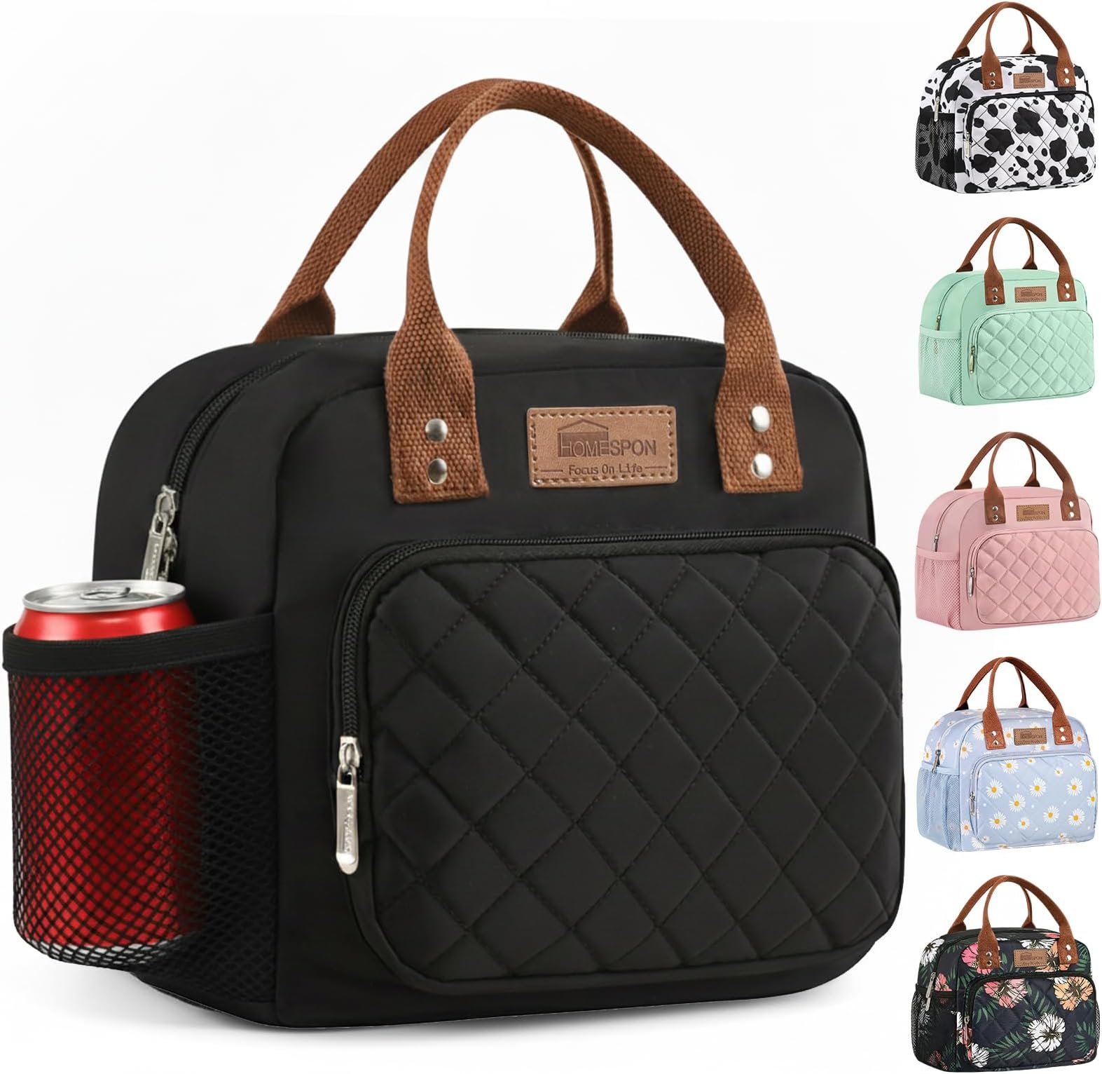 HOMESPON Insulated Lunch Bag for Women Men Ladies Work Adult Cool Tote Box Container with Side Pockets๏ผBlack B๏ผ