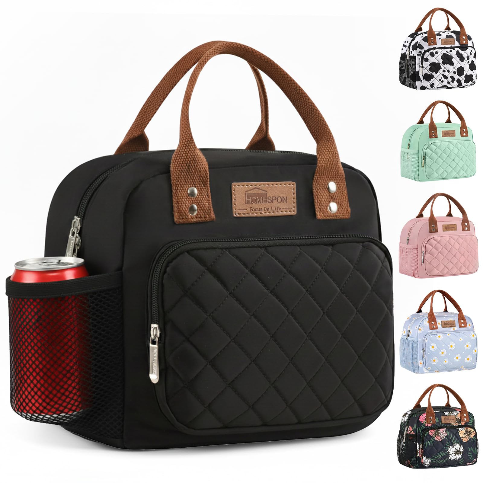 HOMESPON Kühltasche klein, Lunchbox, Isolierte Cooler Lunchtasche, Schwarz | Tragbar Leichte Lunchbag, Kühlbox, Thermotasche Damen mit Seitentaschen für Unterwegs, Arbeit, Reisen, Büro, Picknick