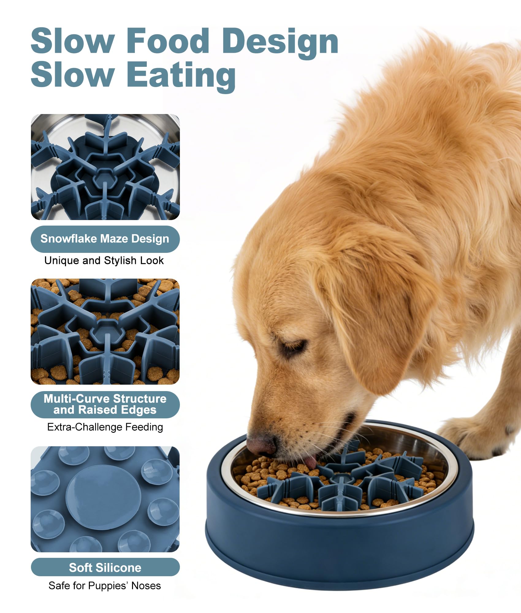 Slow Feeder Insert for Dog Bowl, Mabnuby 100% Food-Grade Silicone Slow Feeder Insert Fits Large Medium Small Size Dogs, Compatible with Regular & Elevated Bowls, Helps Prevent Digestive Issues, Blue - image 3