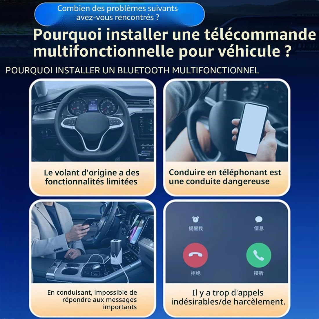 Télécommande Bluetooth, télécommande médias, contrôle de défilement TikTok, contrôleur de Musique, pour Voiture Moto vélo, Bouton intégré au Volant, Batterie Rechargeable, Compatible iPhone Android.