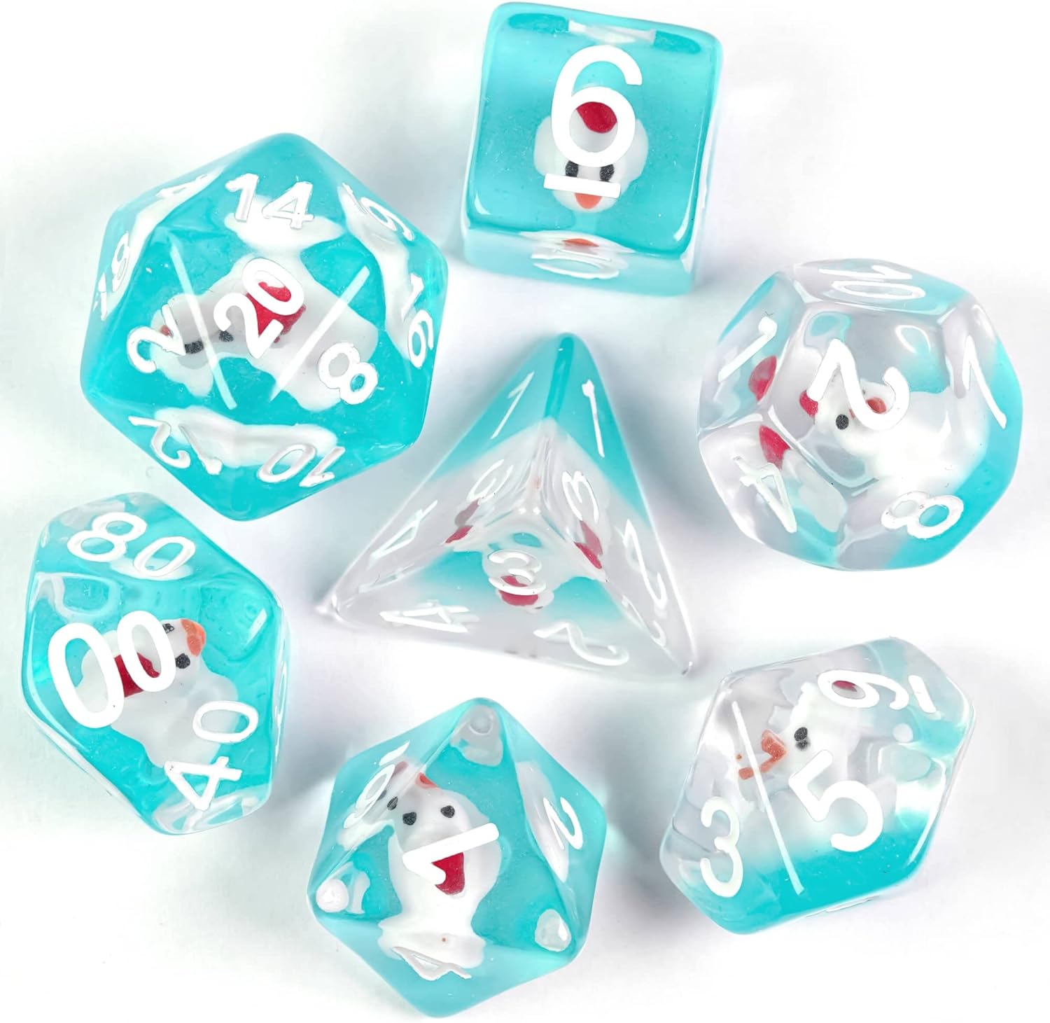 World of Dice Pen and Paper Dice Set - Duck Edition - 7 Polyhedral Pen Dice Made of Plastic, W20, W12, W10, W10.0, W8, W6, W4 (Xmas with Santa Hat, Blue)