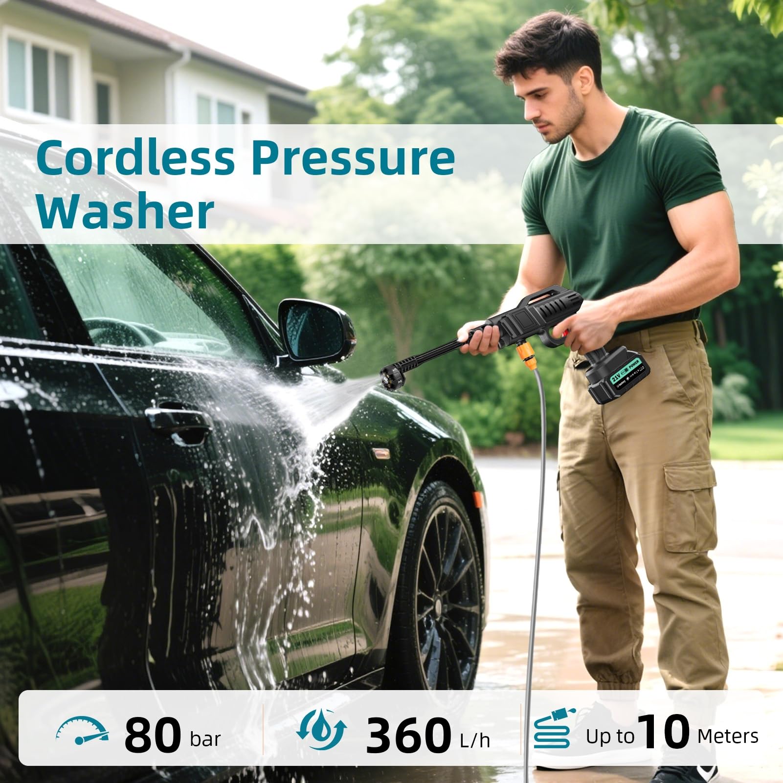 Hidrolimpiadora de Alta Presión,80Bar Hidrolimpiadora Inalámbrica,Portátil Pistola de Agua a Presión con 2×3.0Ah Baterías,Boquilla 6 en 1,Manguera 5m,Cubo,para Limpiar Coche, Terraza, Jardín