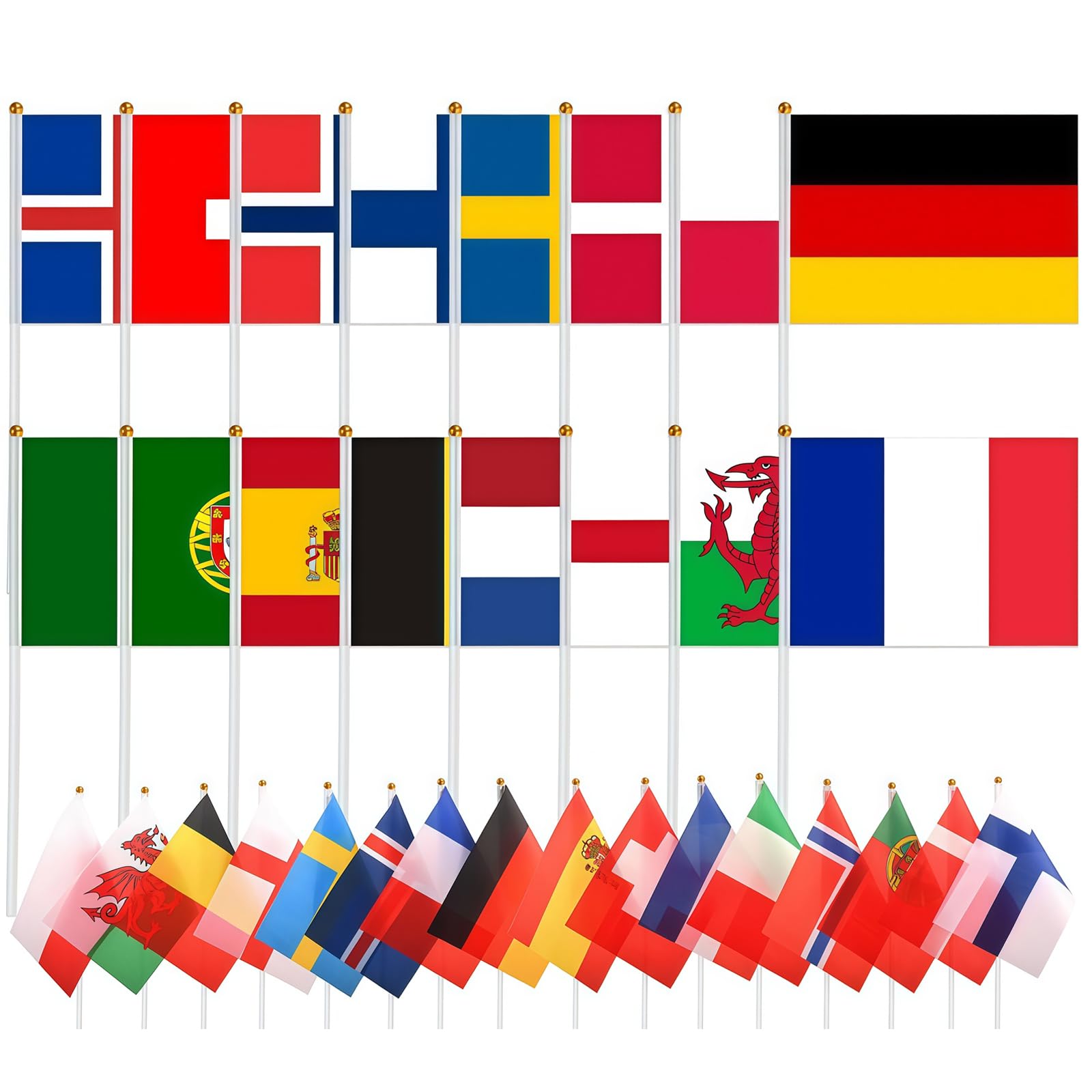 16pcs European Football Hand Flags on Sticks, 16 Country Small Flags for Match Day Party Decorations, Double Sided Handheld Flags with White Poles for Garden, Pub and Fan Celebrations โ image 1