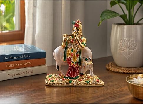 C&S Homestore Krishna Statue with Cow Metal Golden Colour Idol Decorative Murti Hindu God Figurine for Home Temple Car Dashboard Office Pooja Gift Spiritual Decor Compact Size 7.5cm x 7cm
