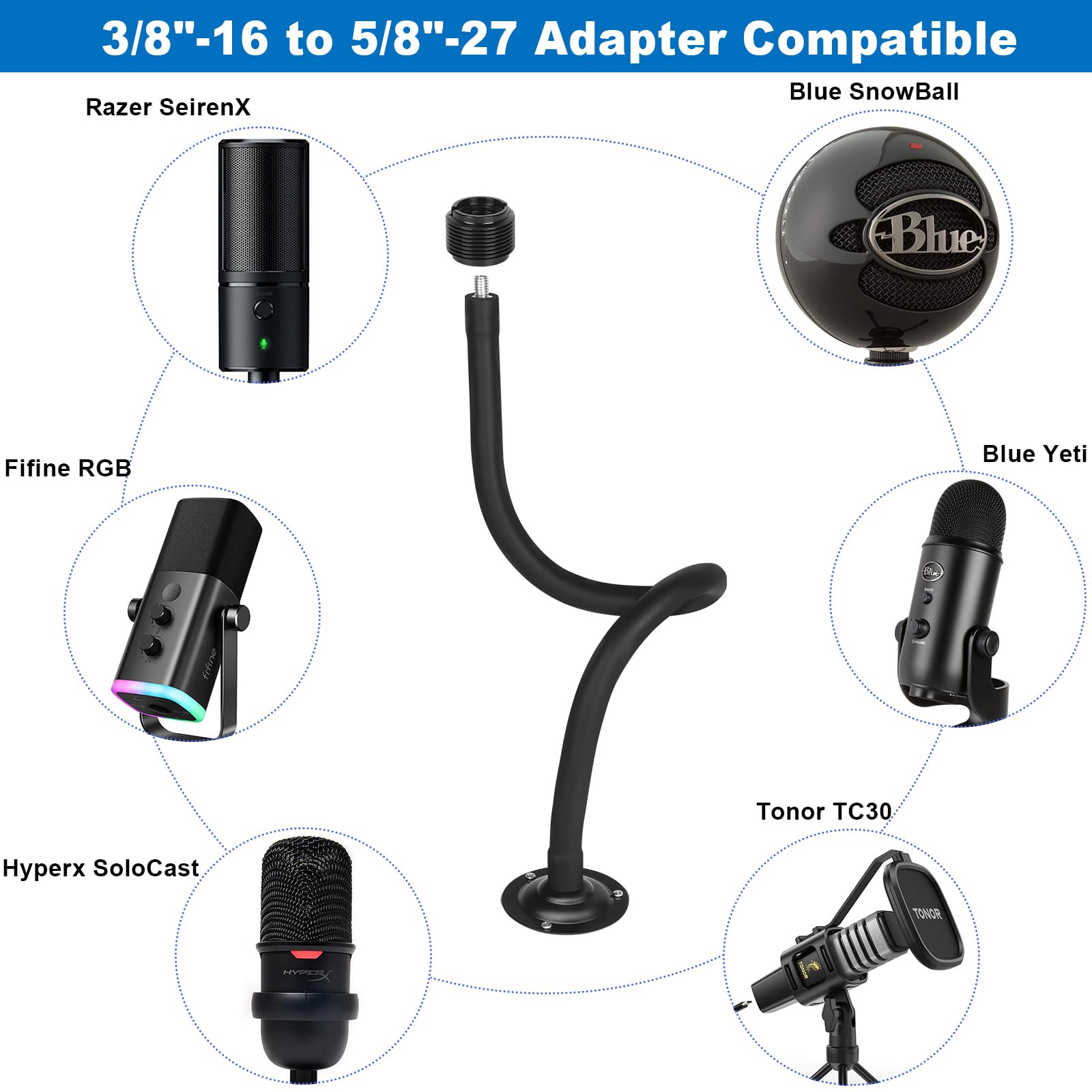 Soporte de brazo de micrófono de 23.6 pulgadas de largo, soporte de pared para brazo de micrófono, clip de micrófono de base de metal de 3/8 a 5/8 pulgadas adaptador para paredes/mesa/podio,
