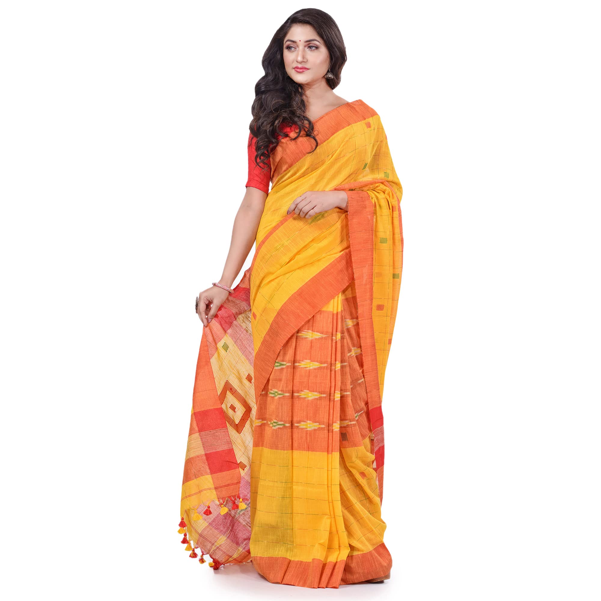 dB DESH BIDESH Women`s Bengal Handloom Pure Cotton Saree Kotki Design With Blouse Piece (Yellow Red)