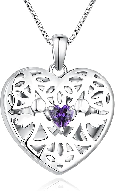 FJ Necklaces for Women Guardian Angel Necklace 925 Sterling Silver Angel Locket with Birthstone Cubic Zirconia Jewellery Gifts for Women Girls