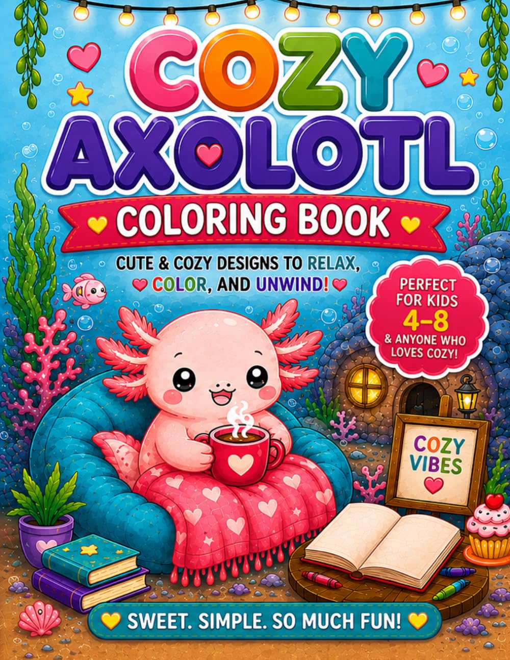 Cozy Axolotl Coloring Book: Adorable Underwater Adventures for Kids Ages 4–8