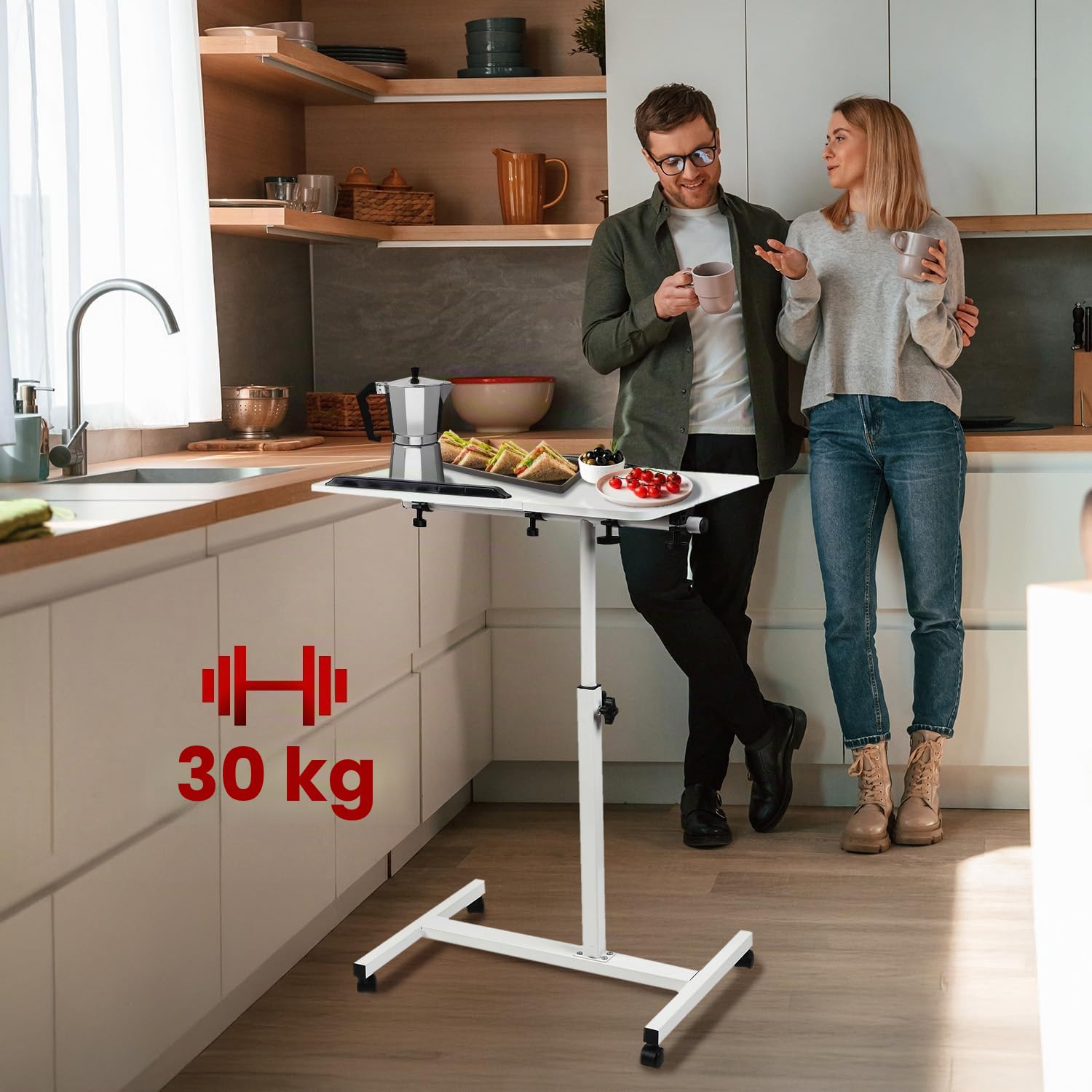 Maclean Mesa Portátil | Altura Ajustable de 59 a 89 cm | Tablero Doble Inclinable hasta 90° | Ruedas con Freno | Capacidad de Carga hasta 30 kg | Mesa Ergonómica para Ordenador (Blanco)