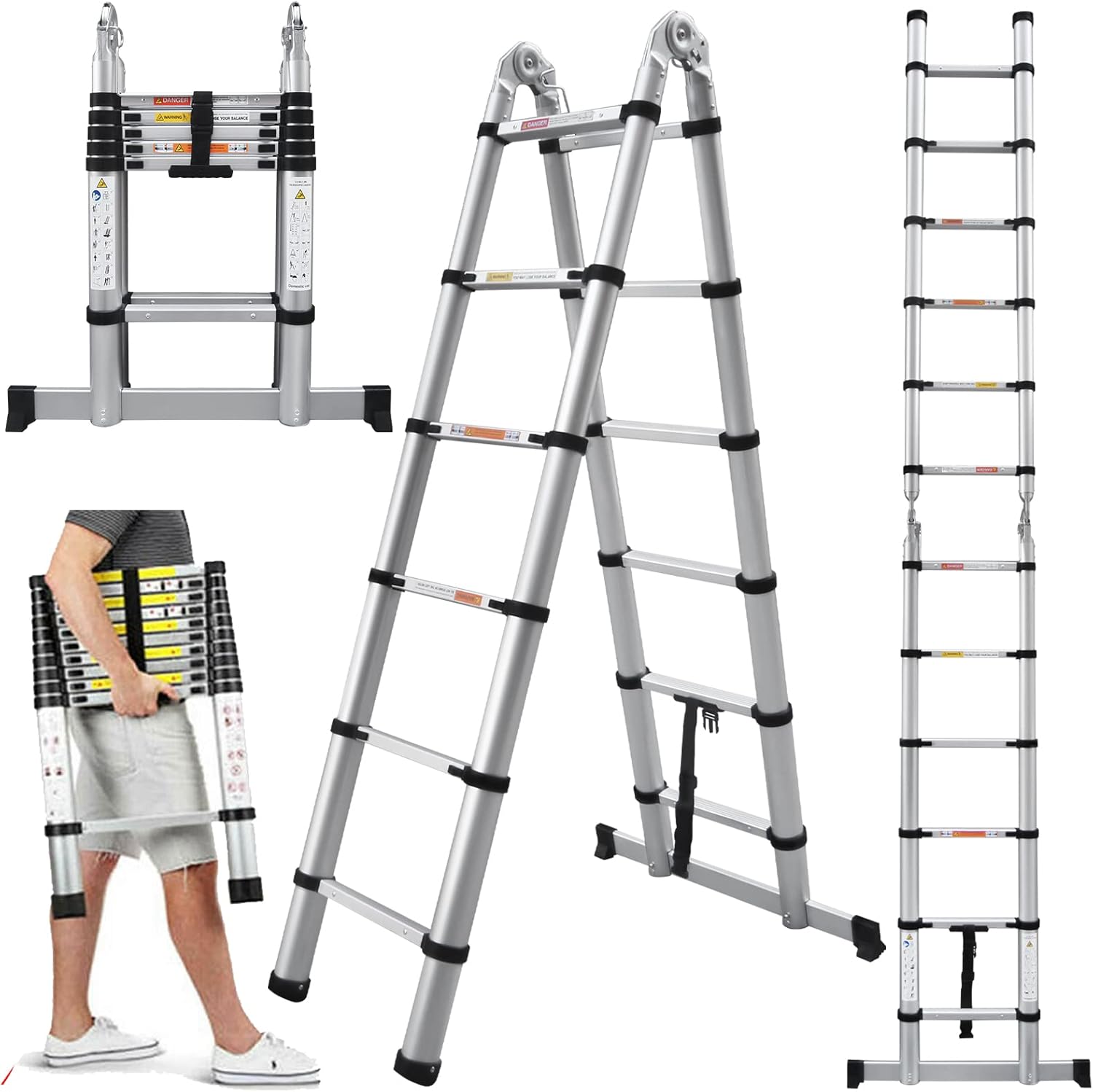 A Frame Telescoping Ladder 12.5FT Aluminum Telescopic Ladder, Portable