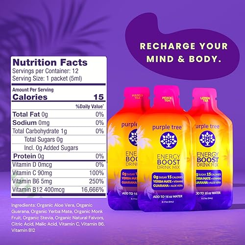 Miniatura 5 de purple tree Paquetes de energía orgánica, cero azúcar, vitaminas B12, sabor a té helado de limón | 80 mg de cafeína de yerba mate y guaraná para